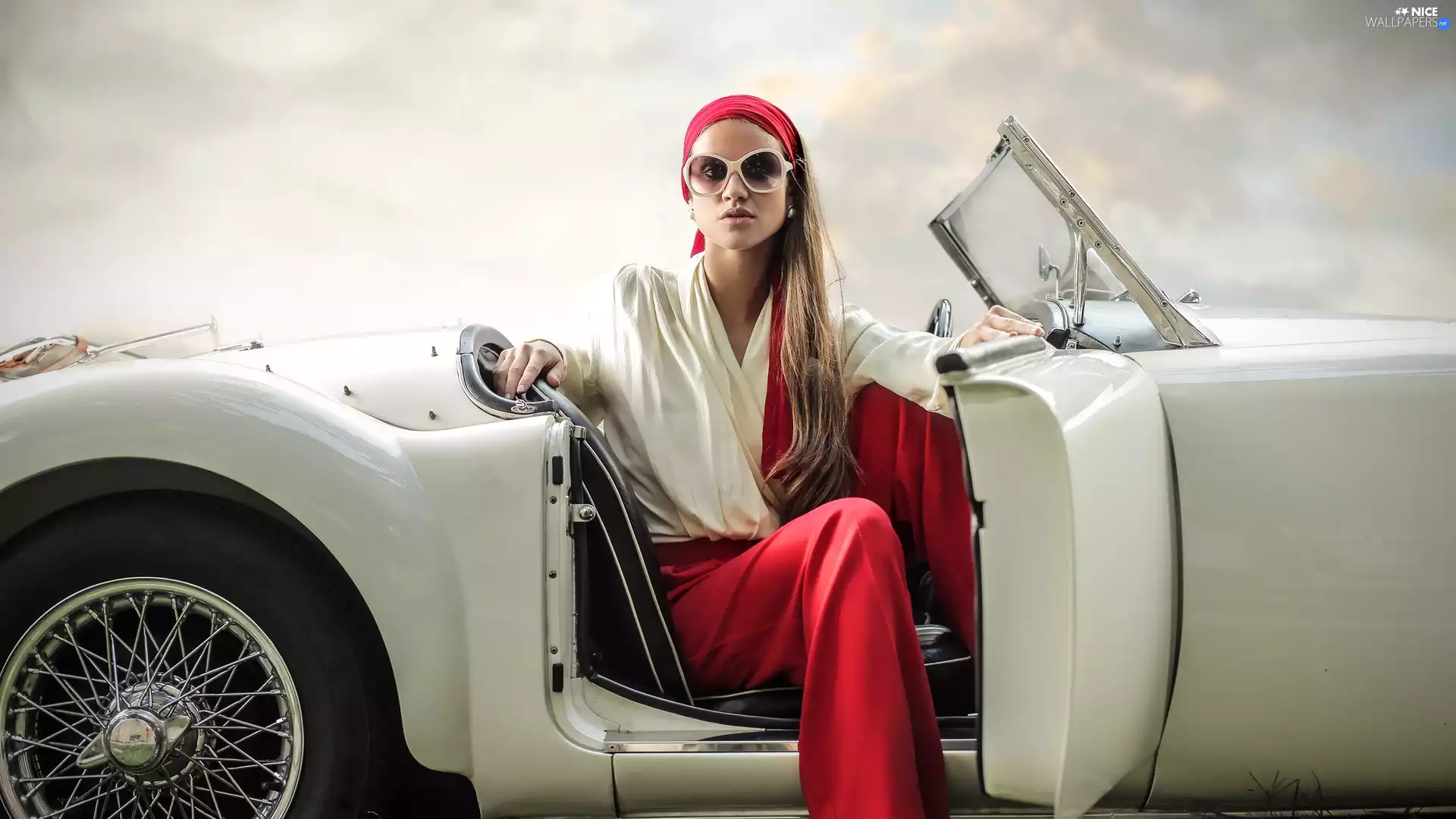 Blonde, Women, Glasses, White, White, Automobile, Red, trousers, Blouse