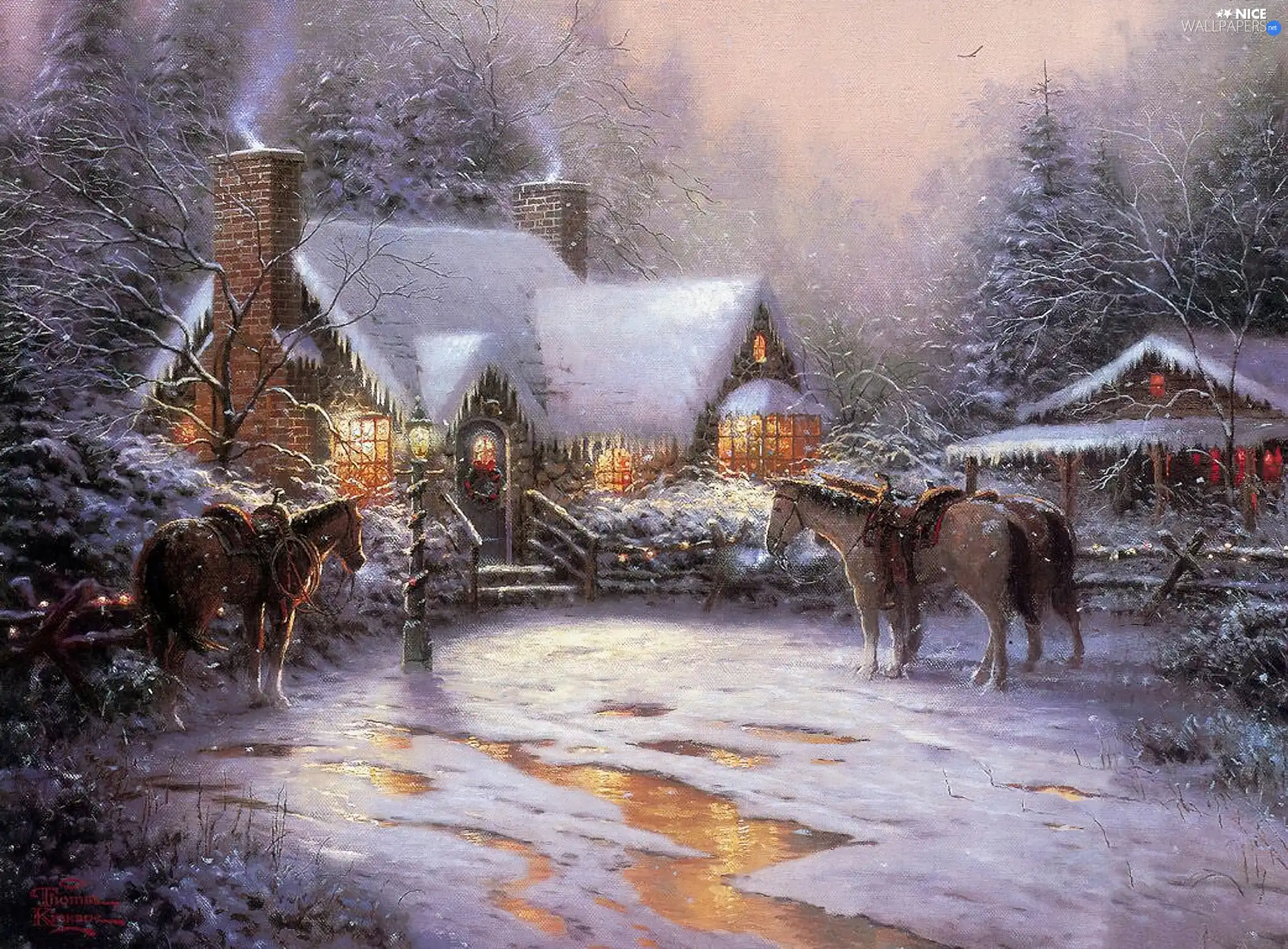 bloodstock, Thomas Kinkade, winter, manor-house, picture