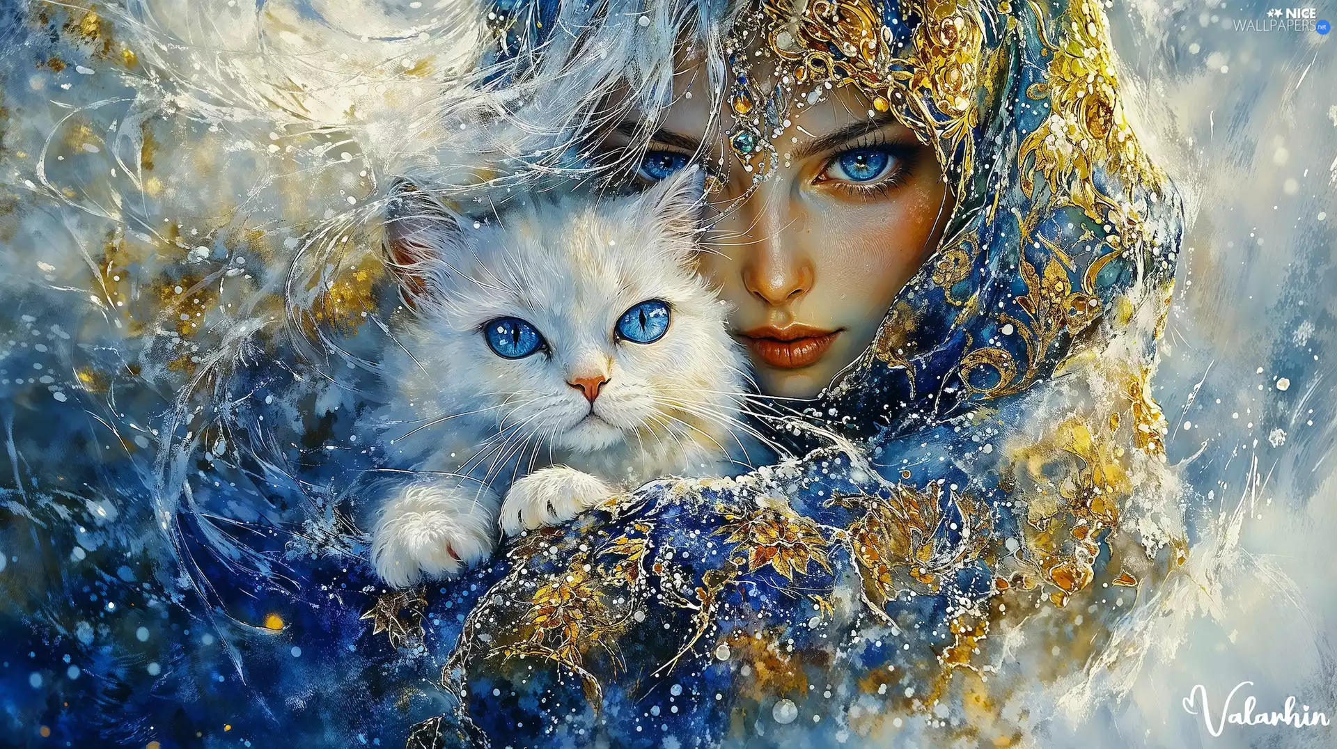 Eyes, Women, cat, Blue, graphics, shawl, White