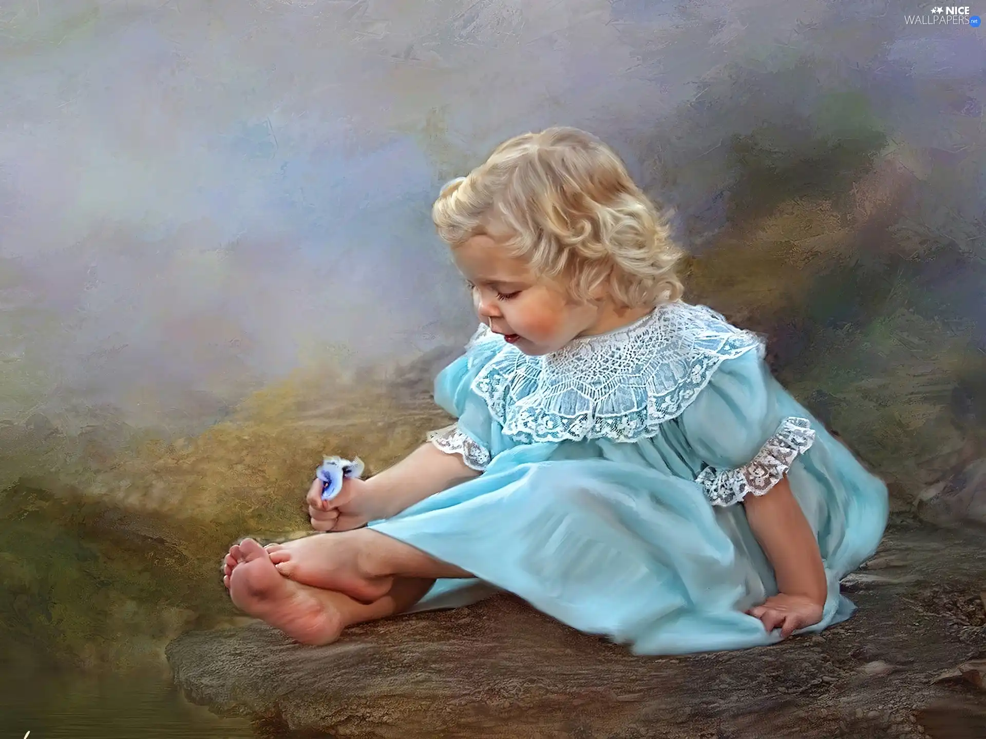 Blond, barefoot, dress, Donald Zolan, Blue, girl