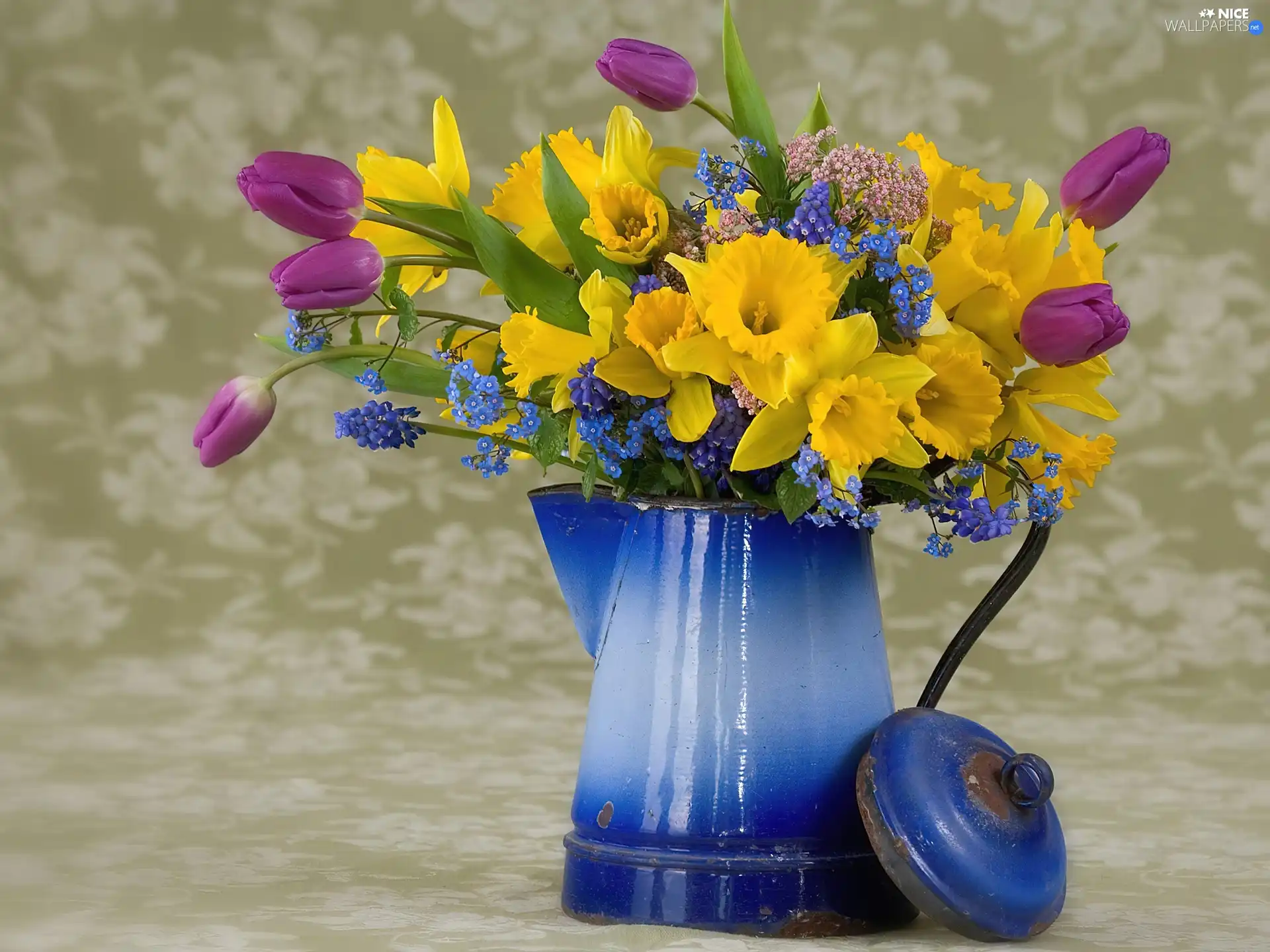 blue, jug, spring, flowers, bouquet