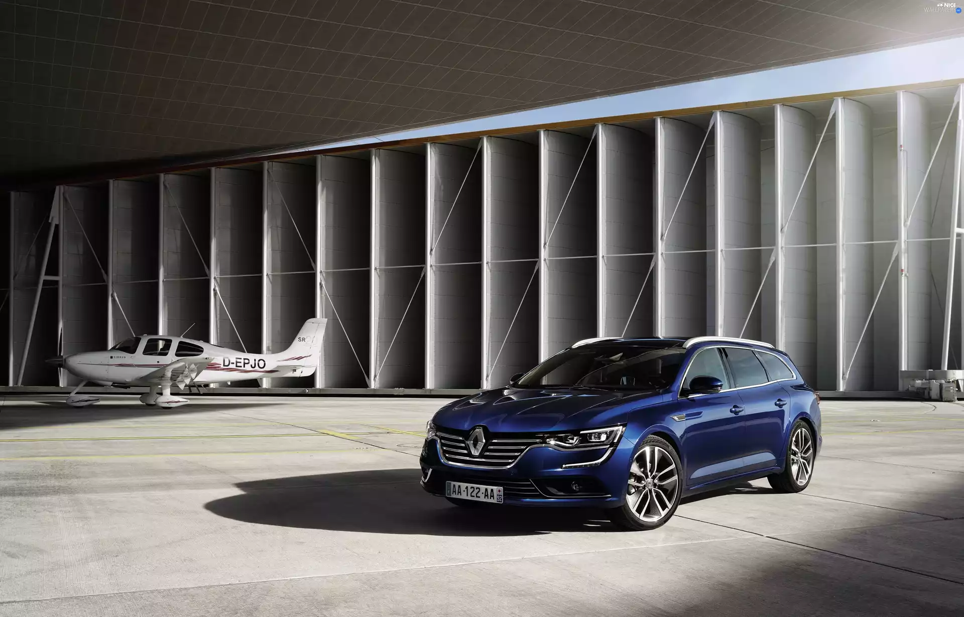 plane, Hangar, Renault Talisman Grandtour Sport, 2016, blue