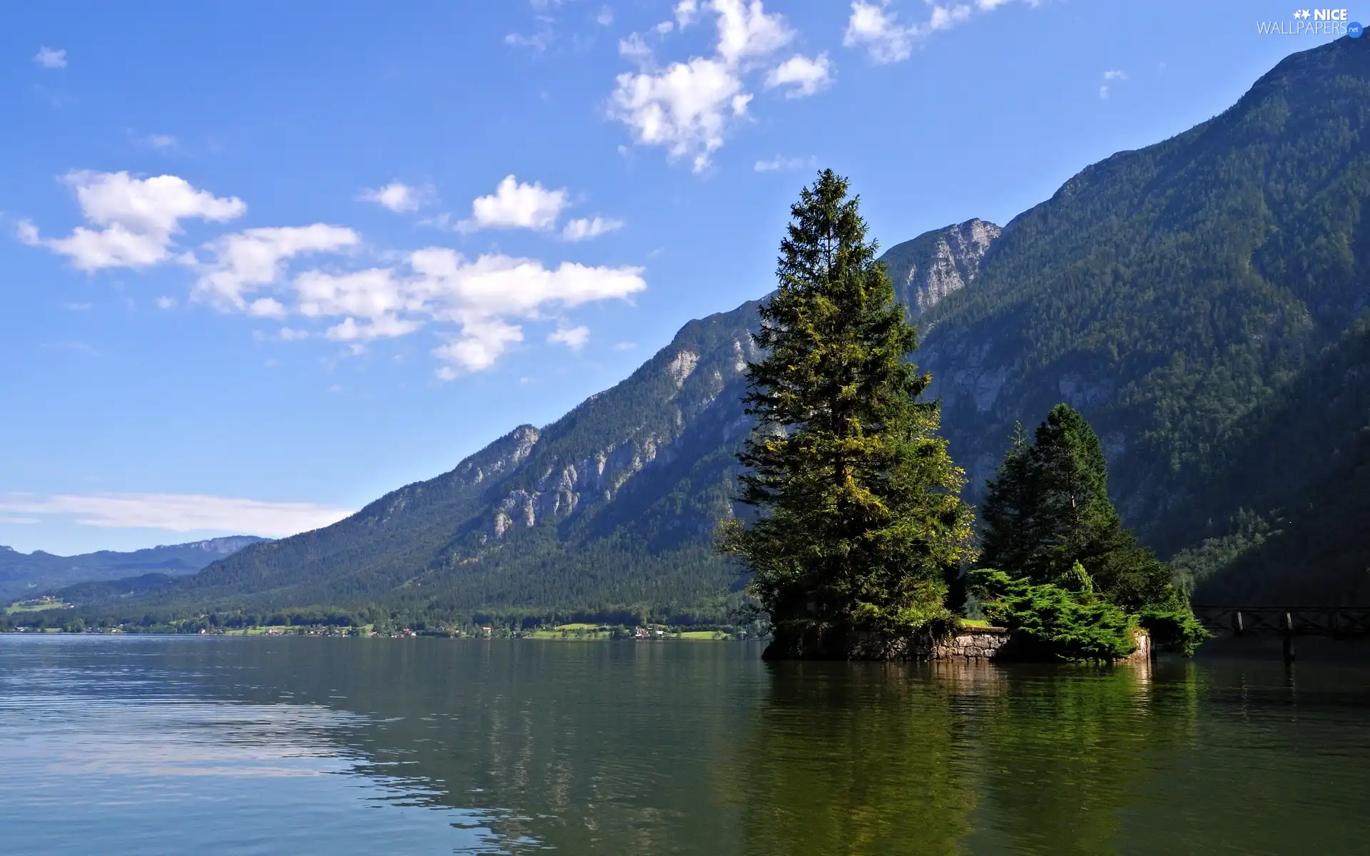 trees, lake, blue, Sky, viewes, Mountains