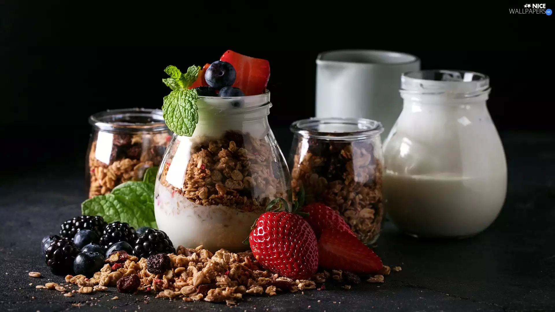 flakes, breakfast, blackberries, Fruits, strawberries, yogurt, jars, blueberries