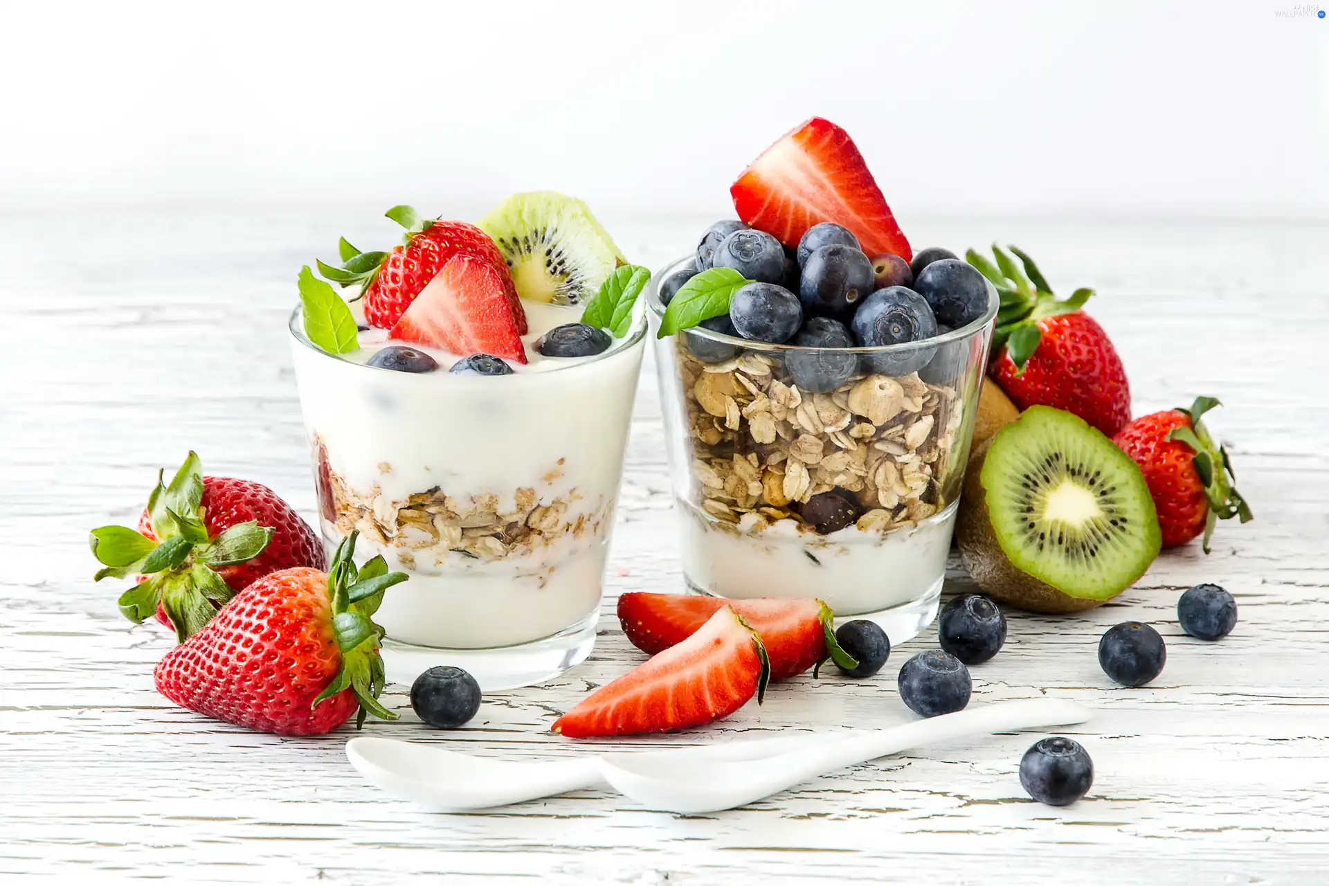 yogurt, dessert, blueberries, kiwi, strawberries, Fruits