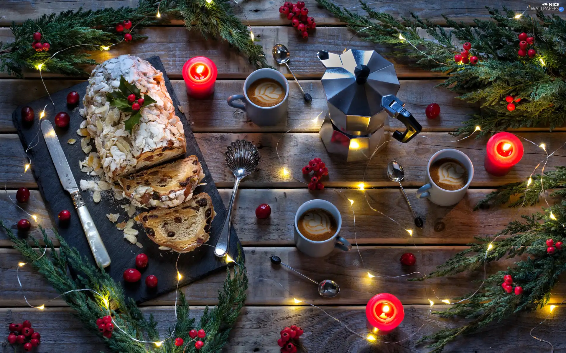 cups, boarding, knife, candles, lights, Spoons, Twigs, Christmas, composition, blueberries, cake, coffee