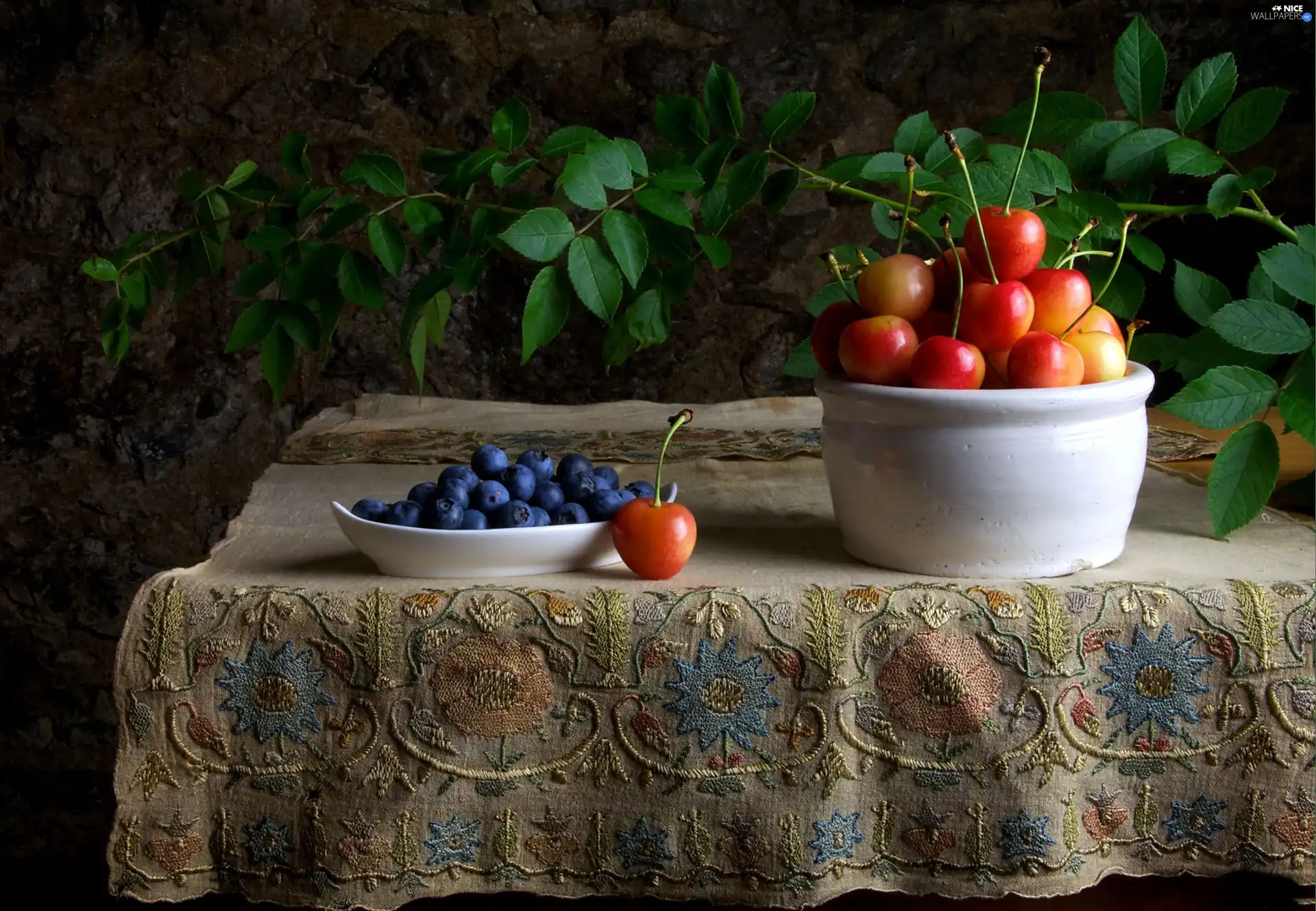 Table, cherries, blueberries, tablecloth