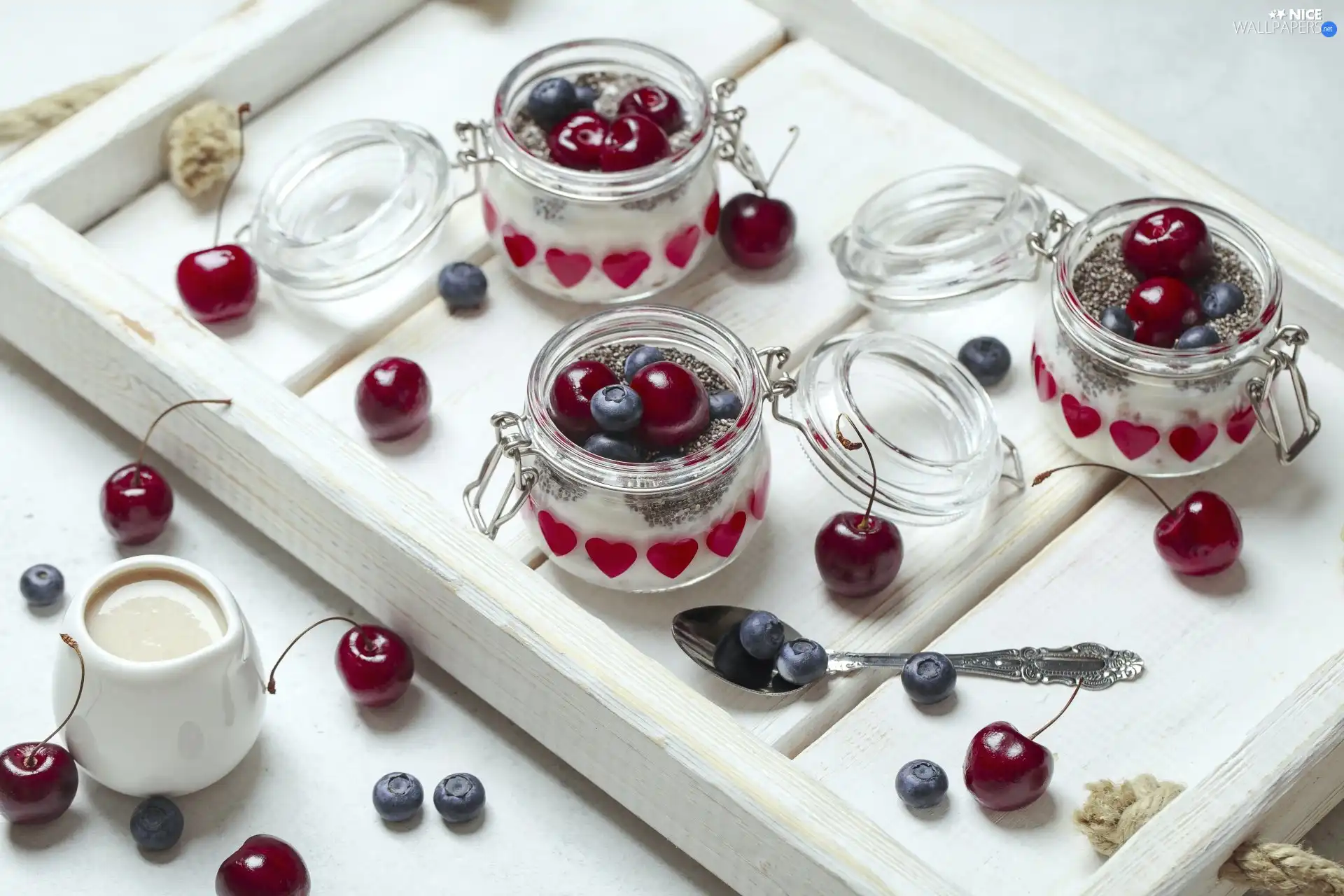 cherries, blueberries, yogurt, jars, dessert
