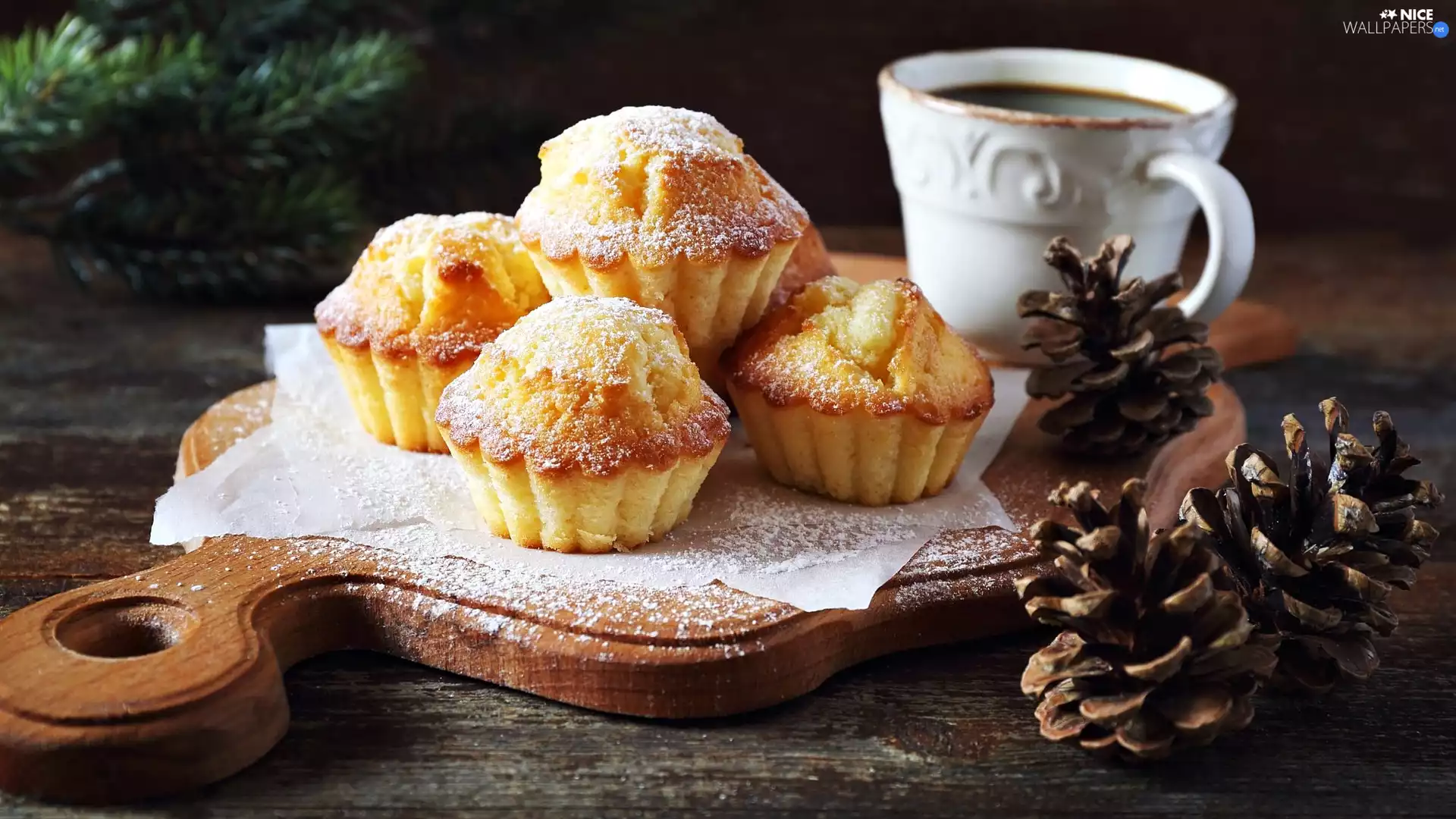 cones, board, cup, coffee, Muffins