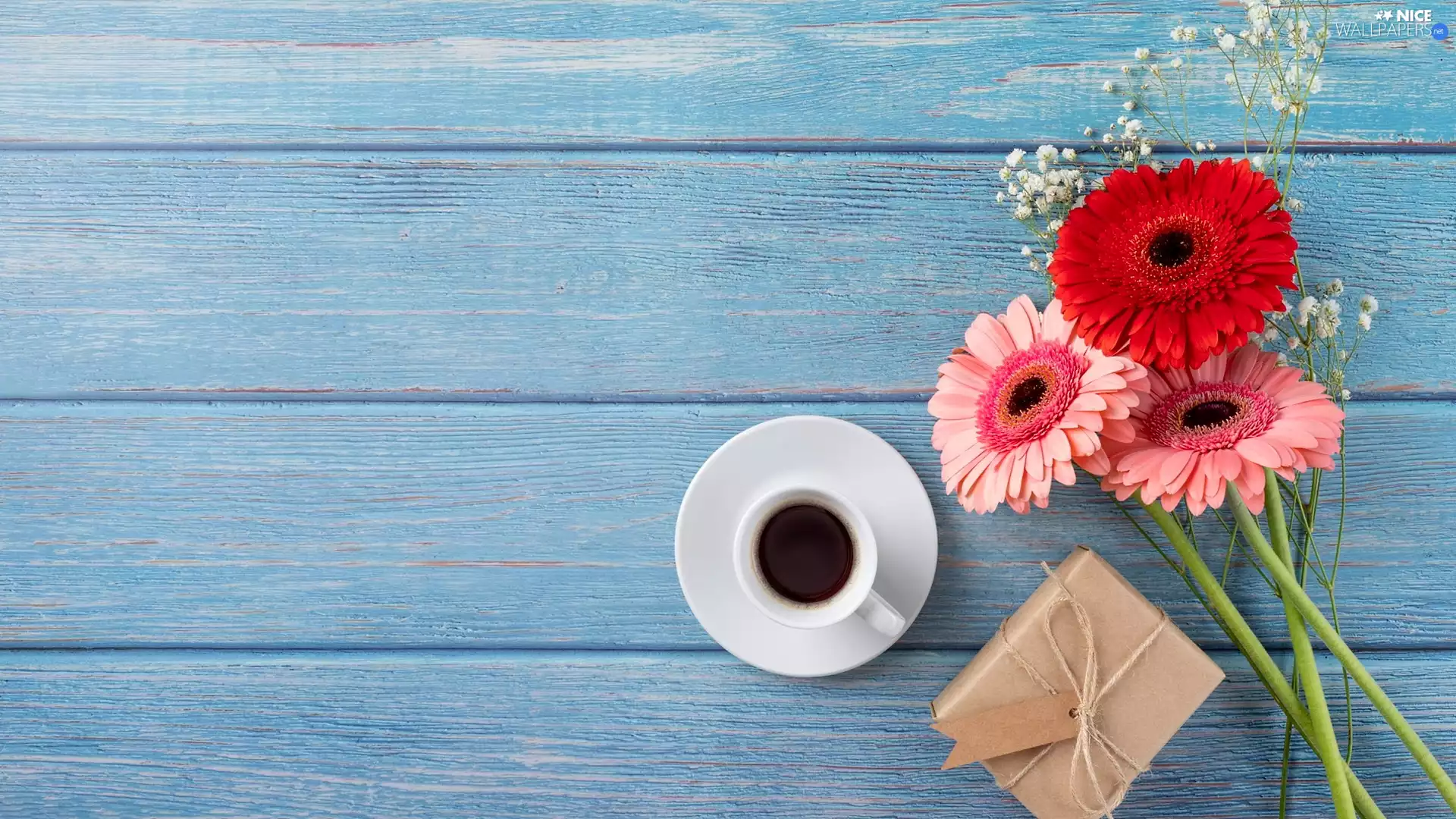 coffee, boarding, gerberas, Present, Three