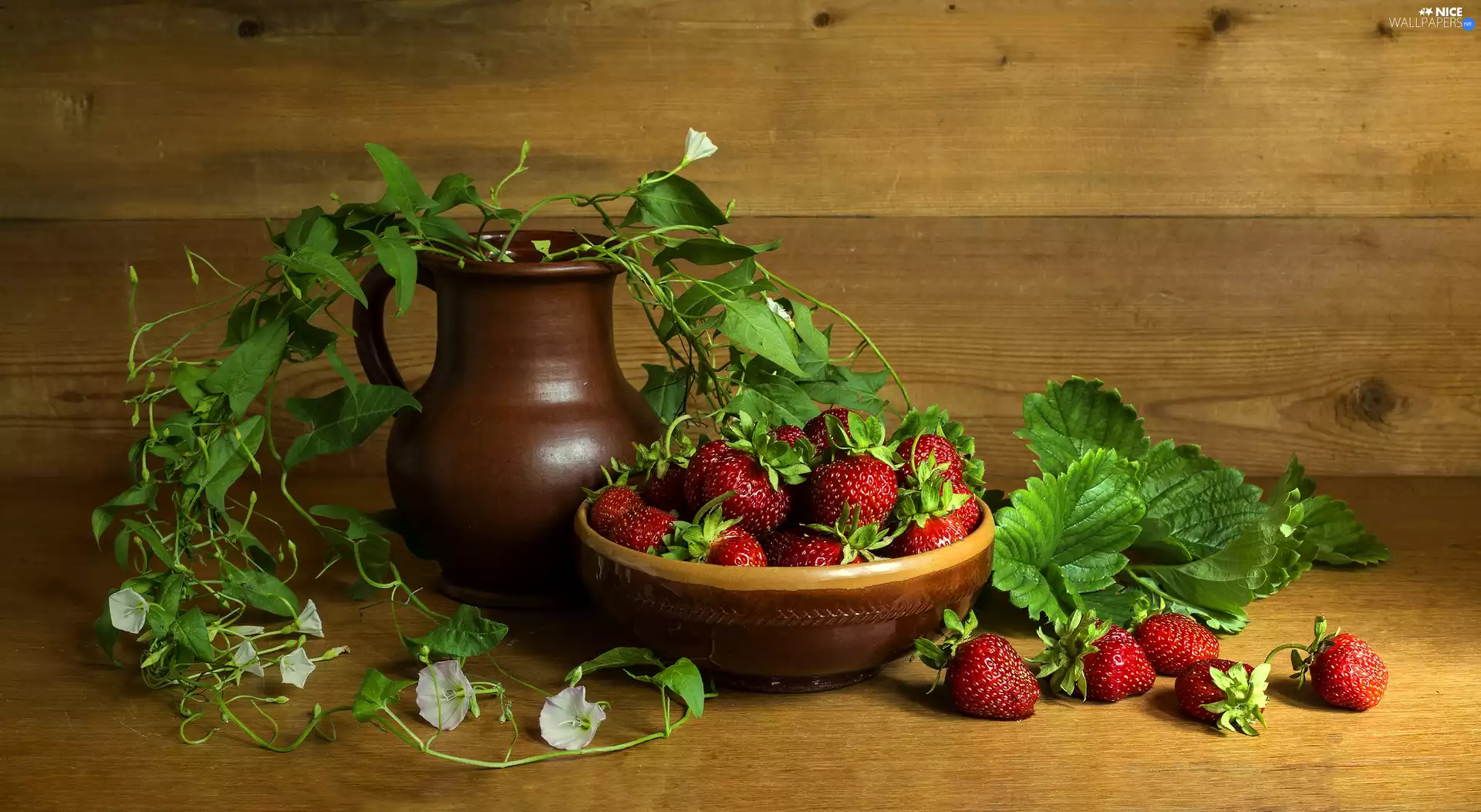 strawberries, pitcher, Leaf, Field Bindweed, earthen, bowl, boarding