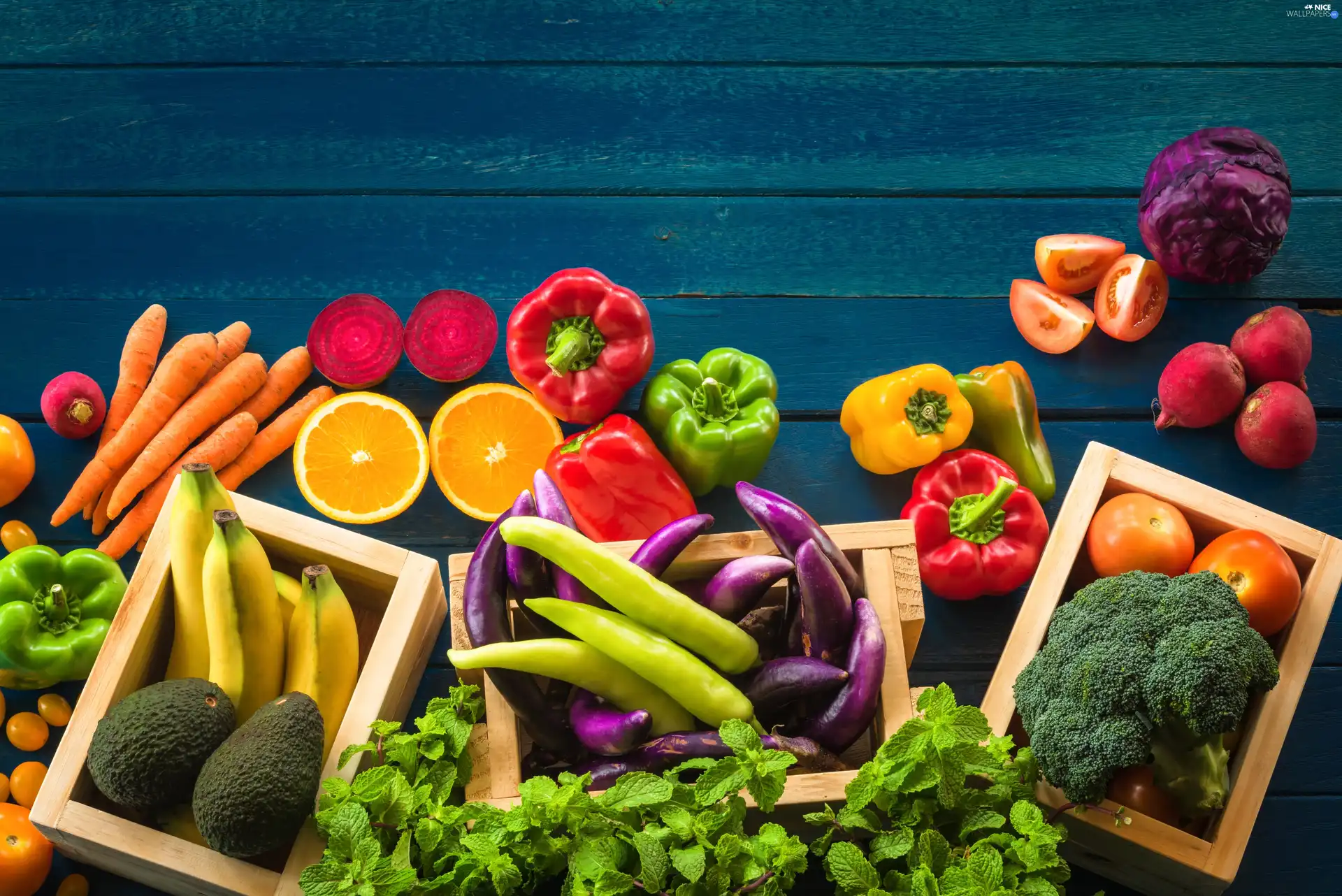 bananas, Fruits, pepper, carrots, tomatoes, boxes, boarding, orange, vegetables, wood, broccoli