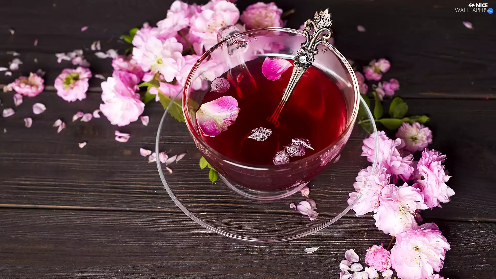 teaspoon, cup, Flowers, boarding, Pink, tea