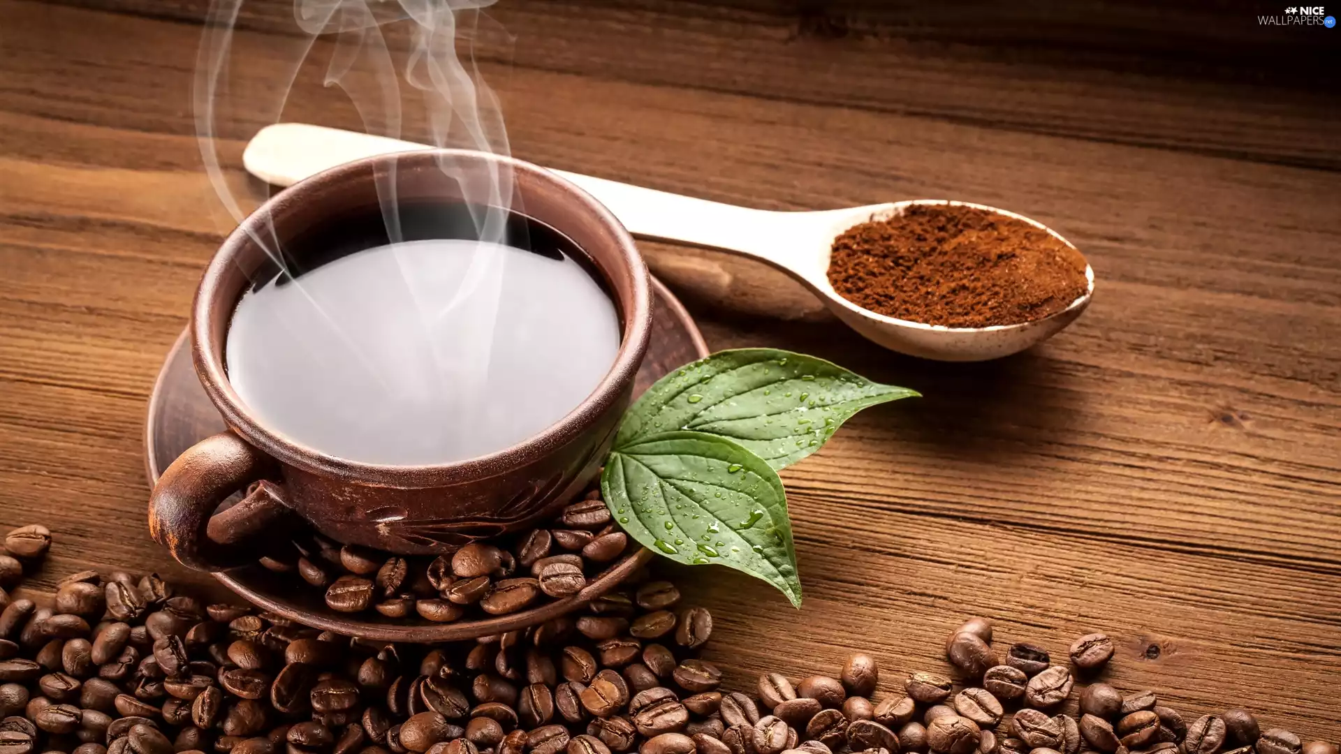 leaves, cup, teaspoon, grains, coffee, green ones, boarding