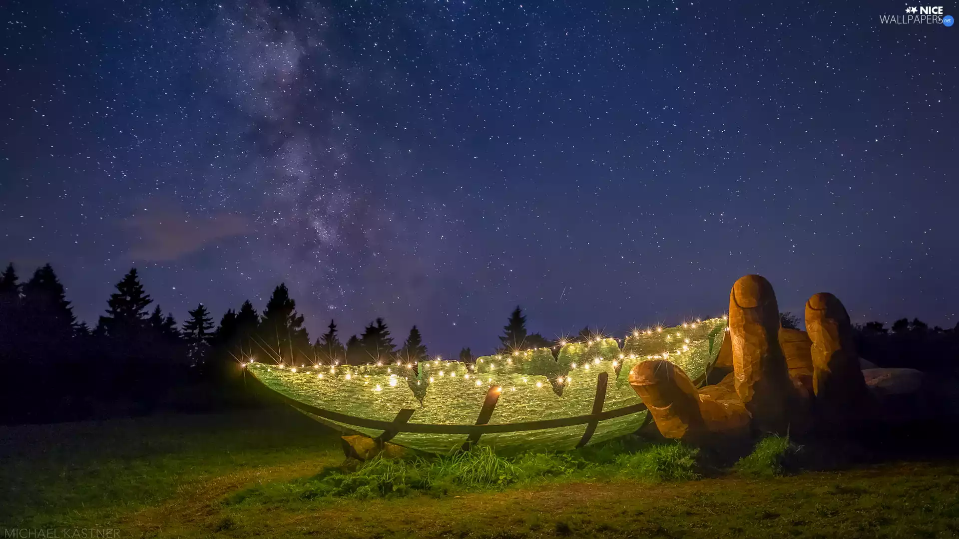 Boat, sculpture, star, hand, Star way, Glass, illuminated, Night