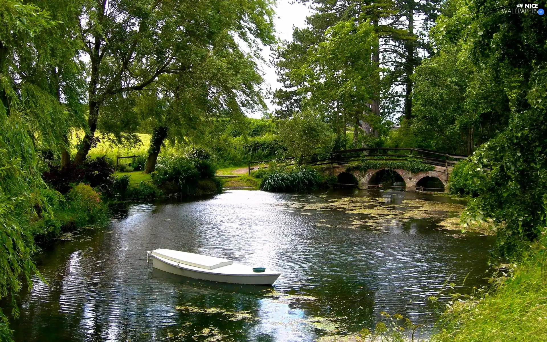 trees, Pond, Boat, green, viewes, bridges