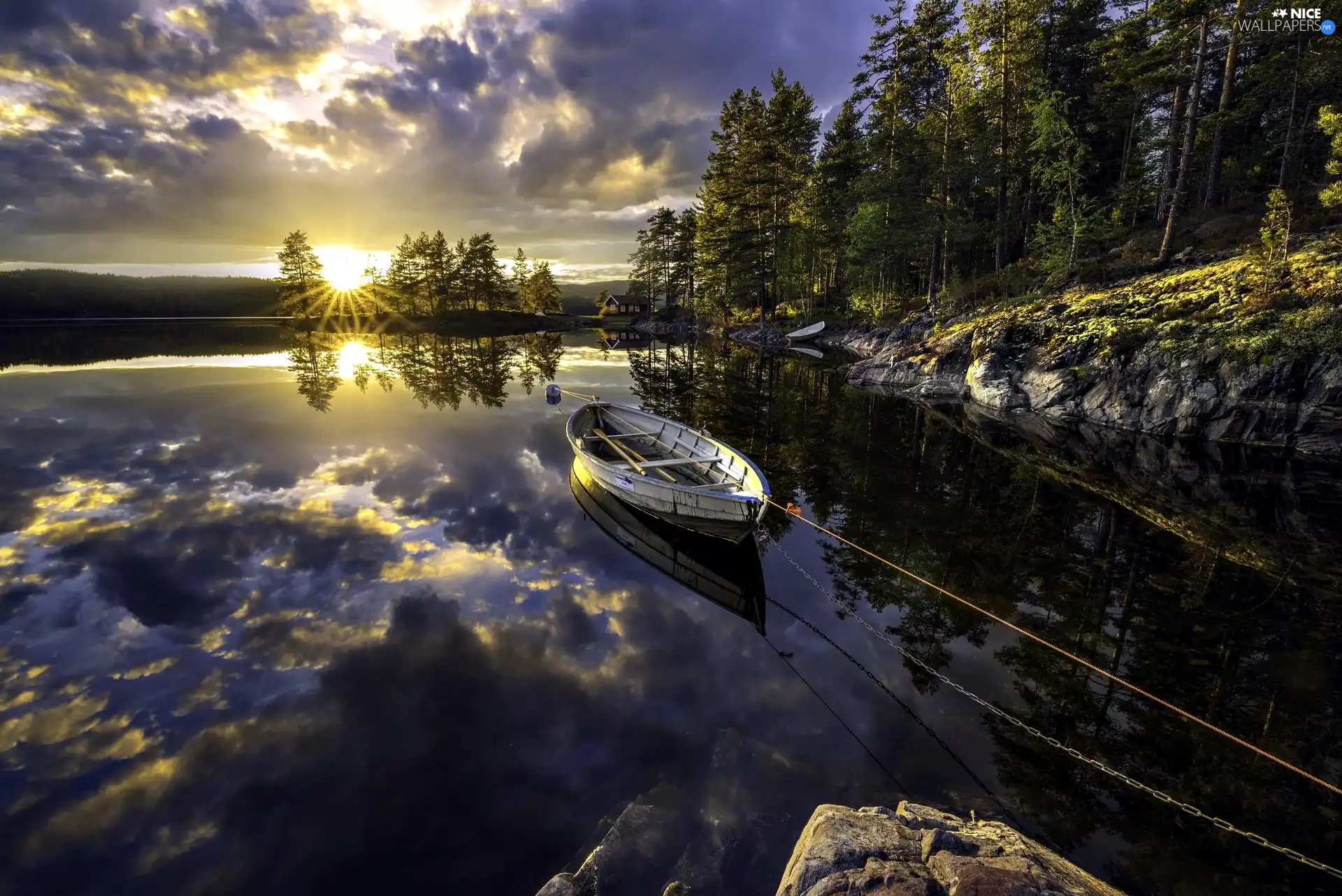 lake, forest, Boat, Sunrise