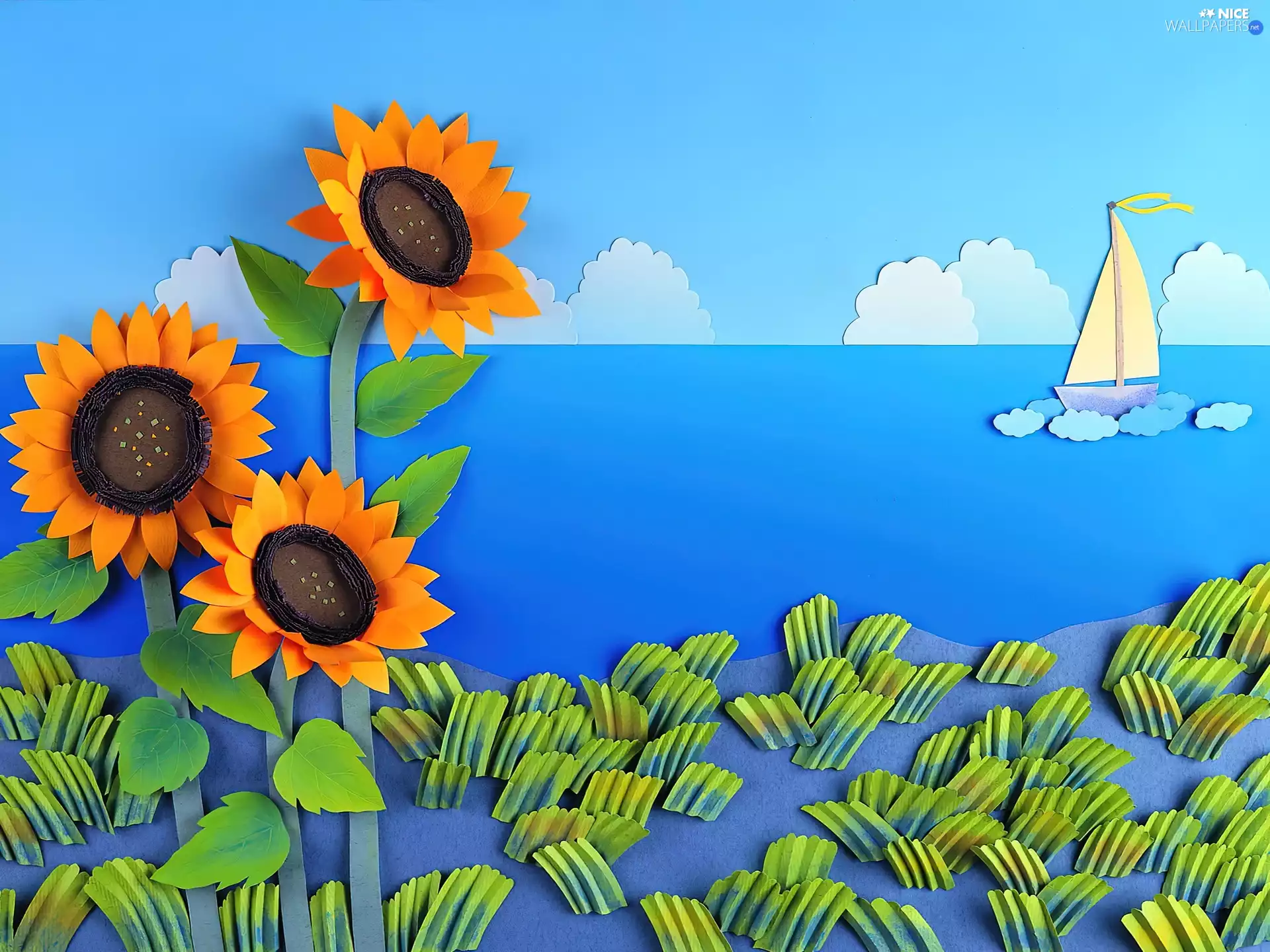 Flowers, Boat, Papier Art, lake