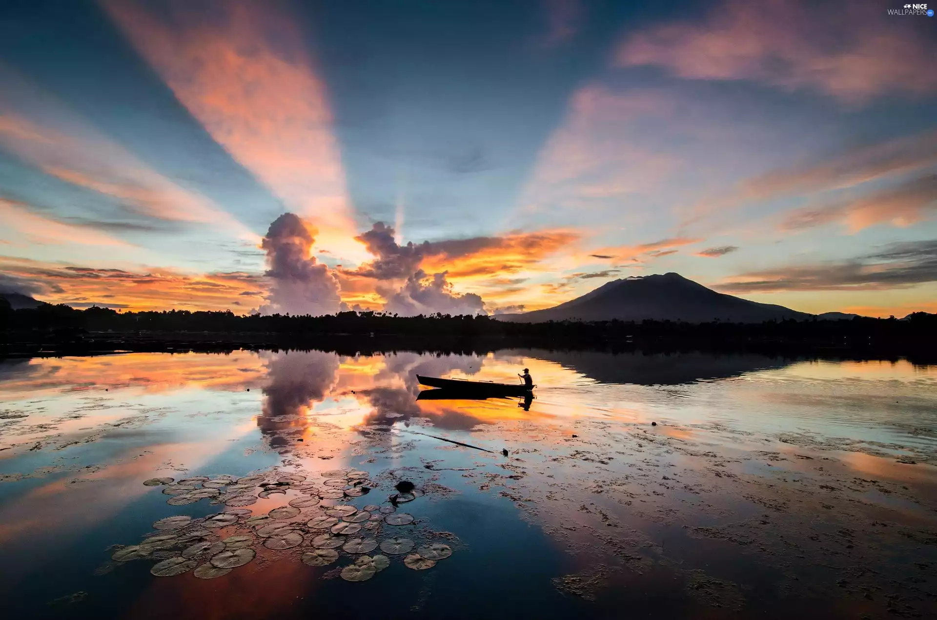sea, Boat, sun, clouds, rays