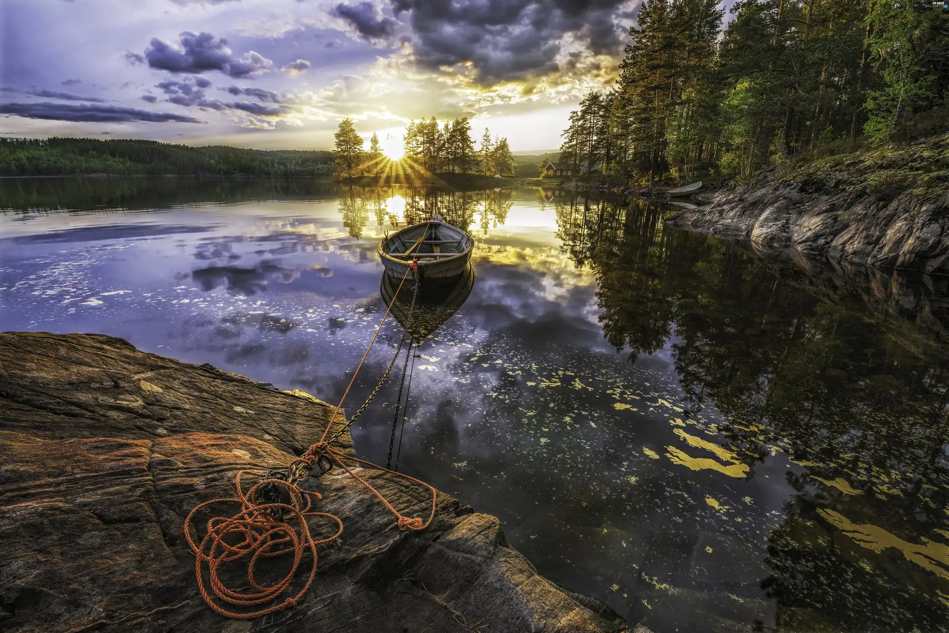 Boat, lake, Sunrise