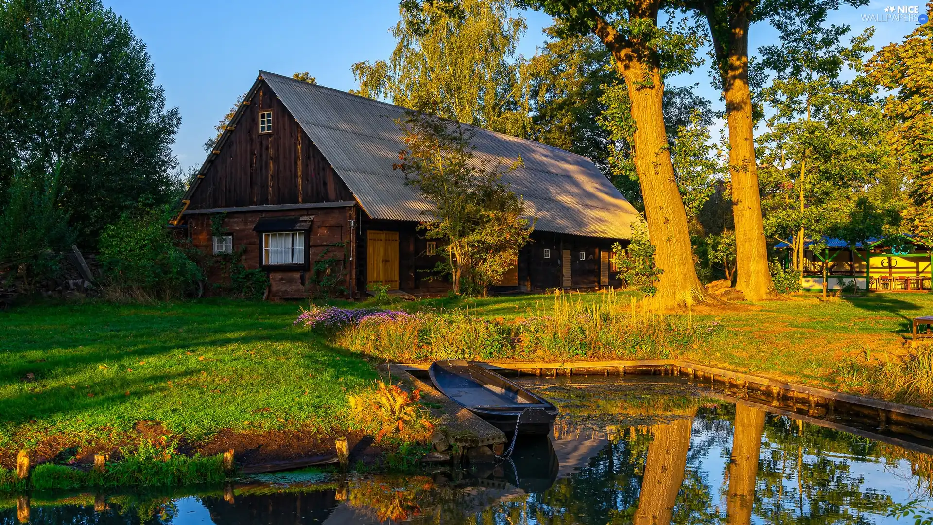 house, estate, viewes, Boat, trees, Pond - car