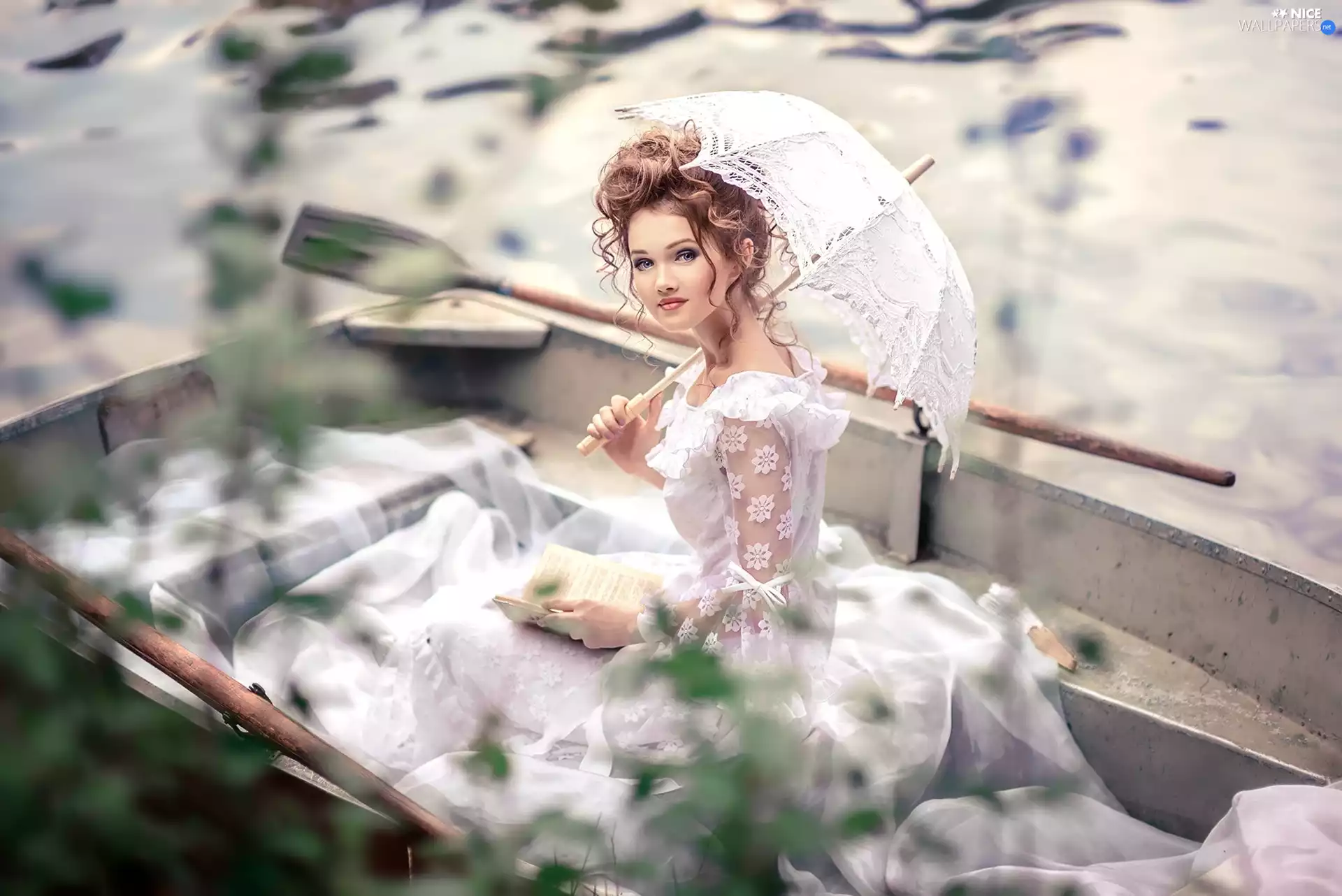 dress, Women, Book, Boat, umbrella, White