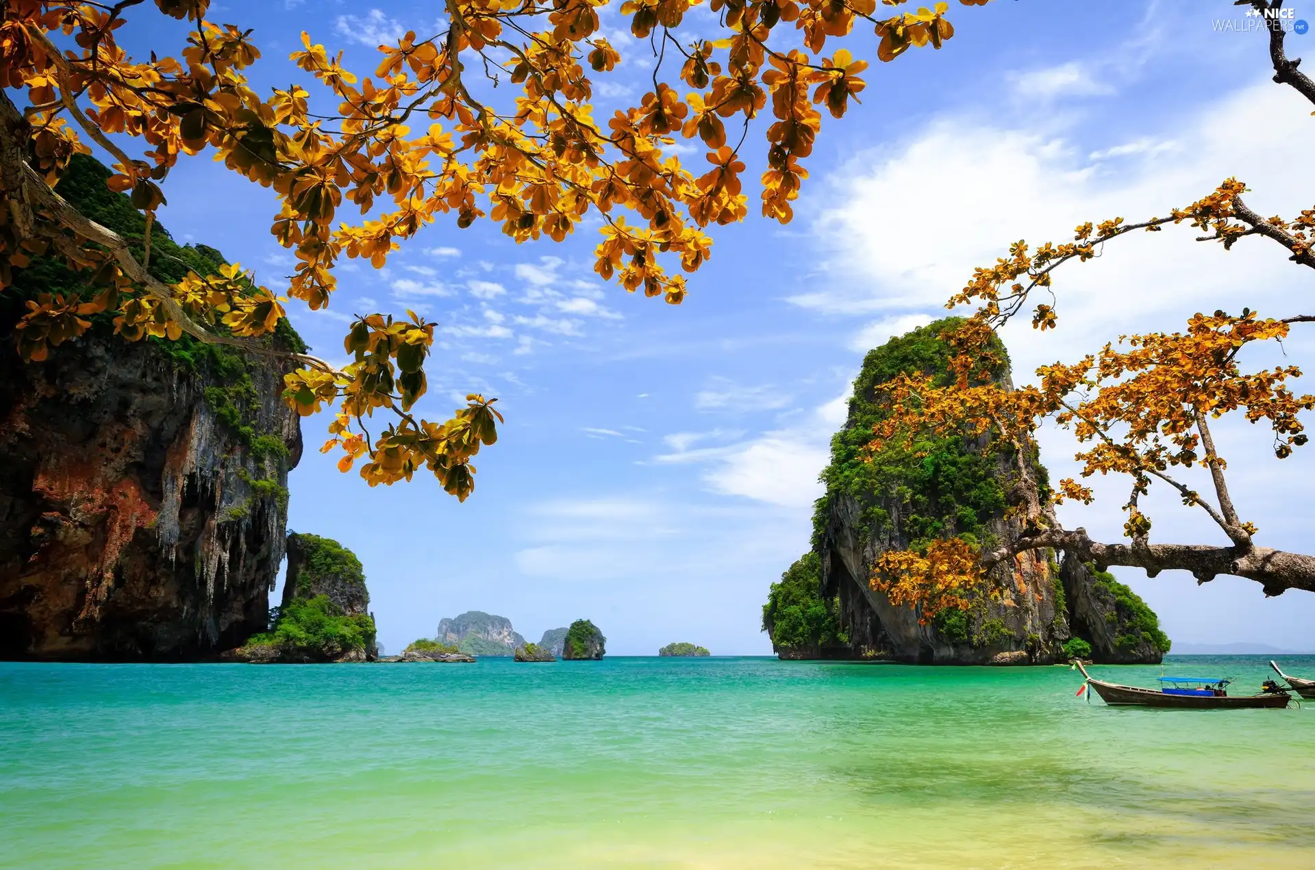 trees, sea, boats, autumn, viewes, rocks