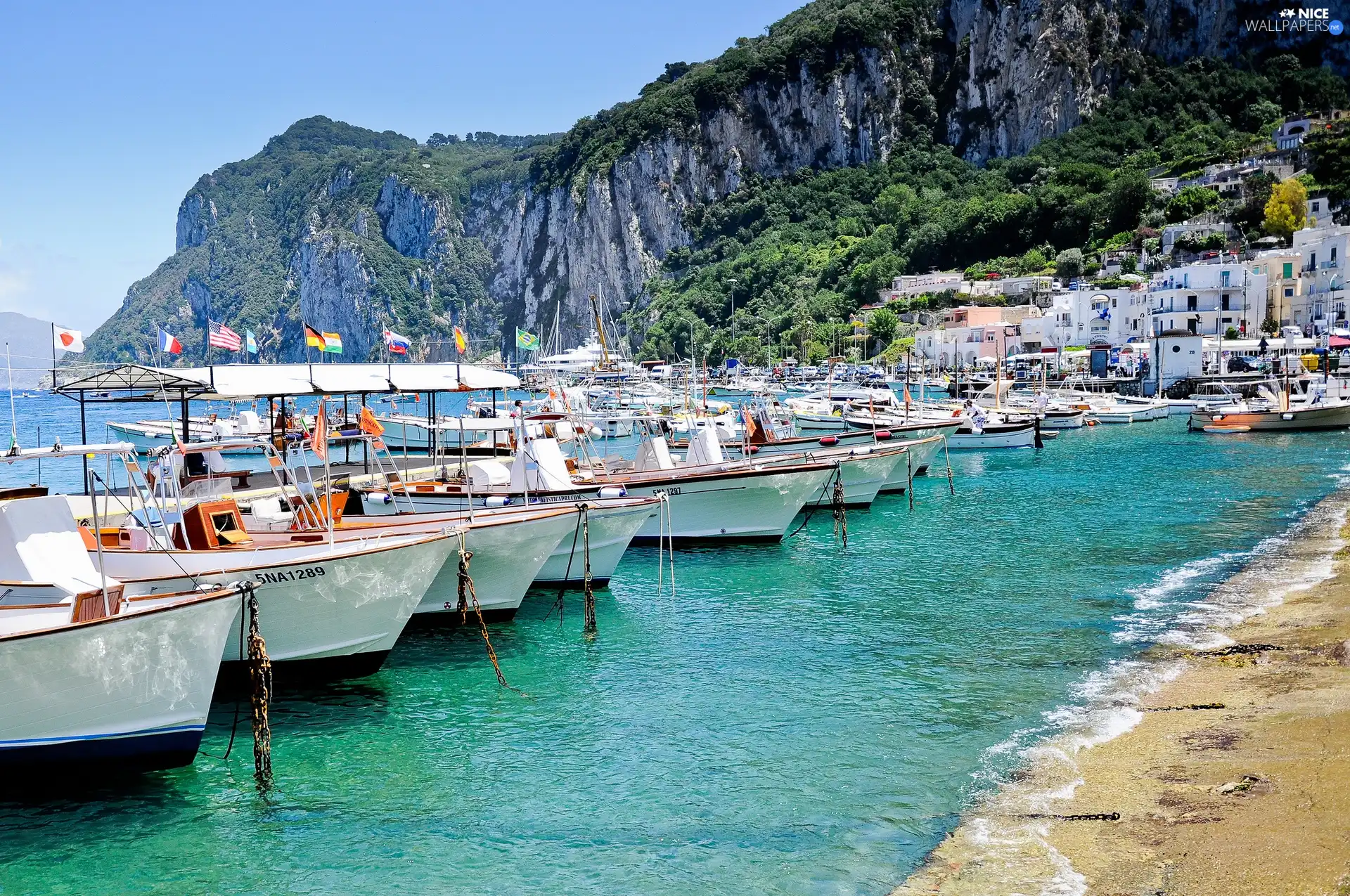 Boats, Coast, Mountains