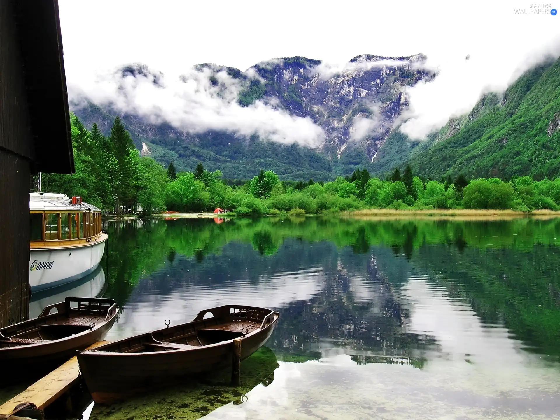 Mountains, Fog, boats, lake