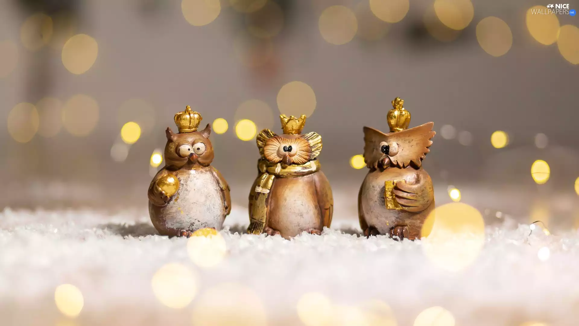 snow, Bokeh, birds, Owls, figures