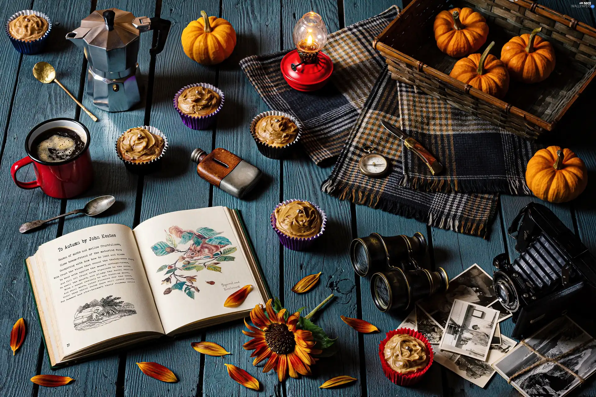 Book, composition, pumpkin, Napkins, basket, binoculars, Cup, Lamp, Muffins