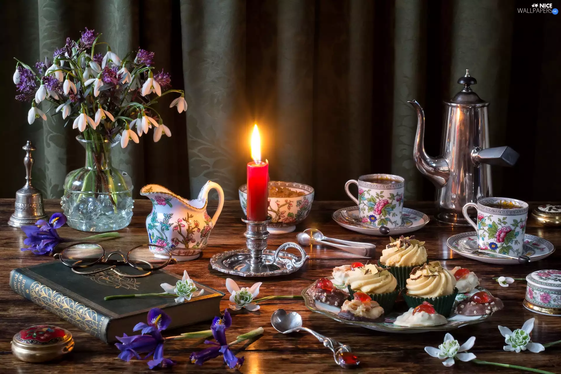 Book, composition, candle, Glasses, jug, cups, snowdrops, Muffins, Flowers