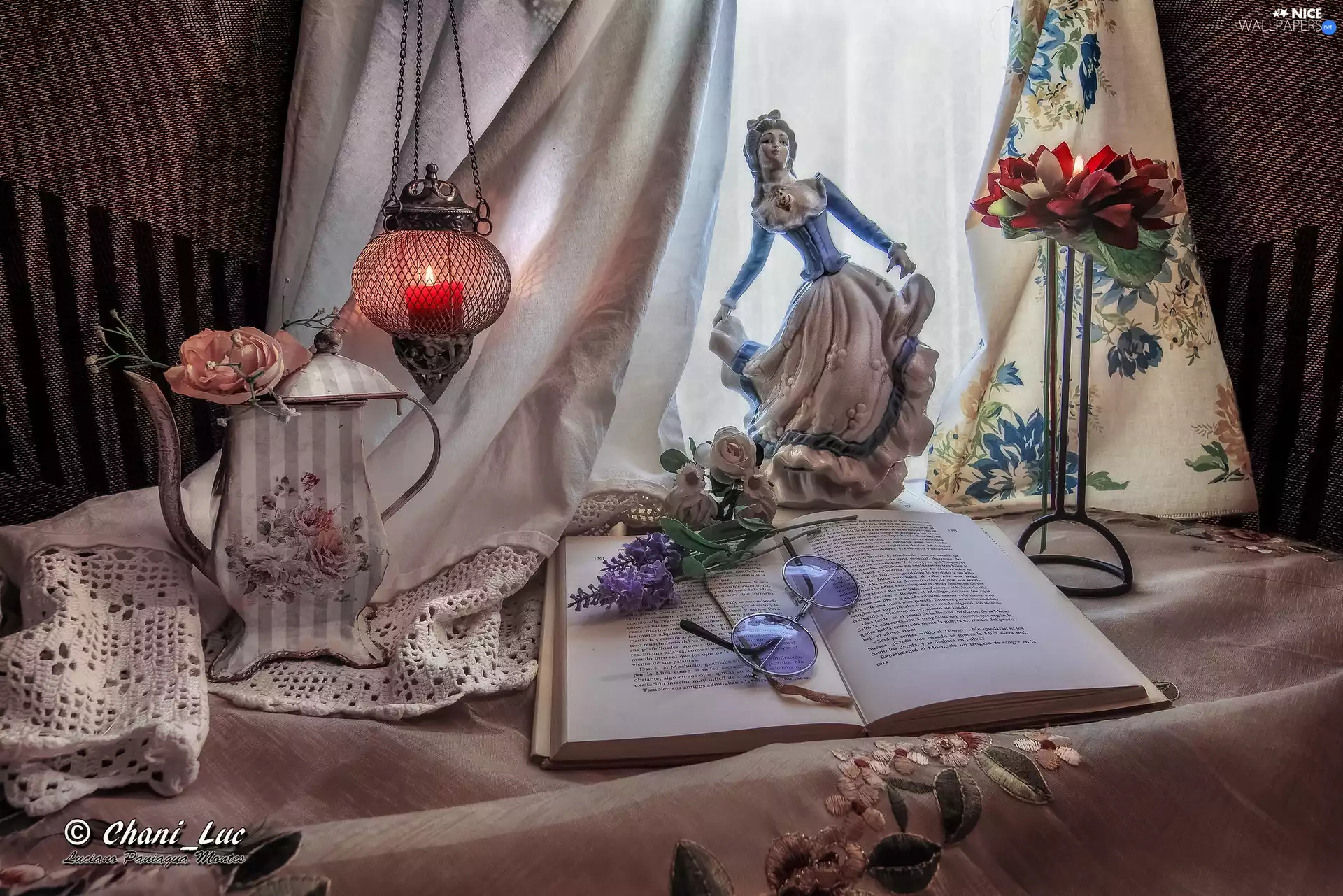 Book, composition, Flowers, Glasses, candlestick, candles, Womens, jug, figure