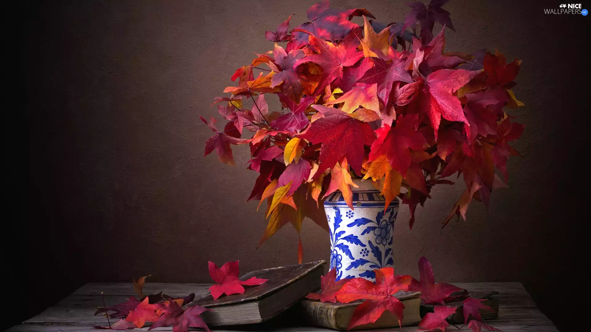 Leaf, Books, bouquet, Red, Vase