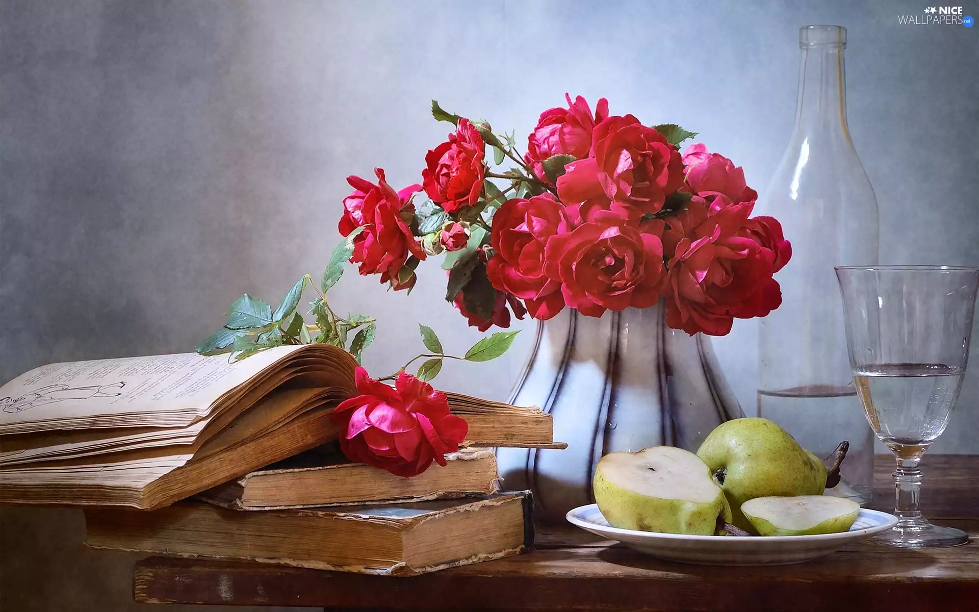 Books, bouquet, Bottle, roses, composition, truck concrete mixer, glass