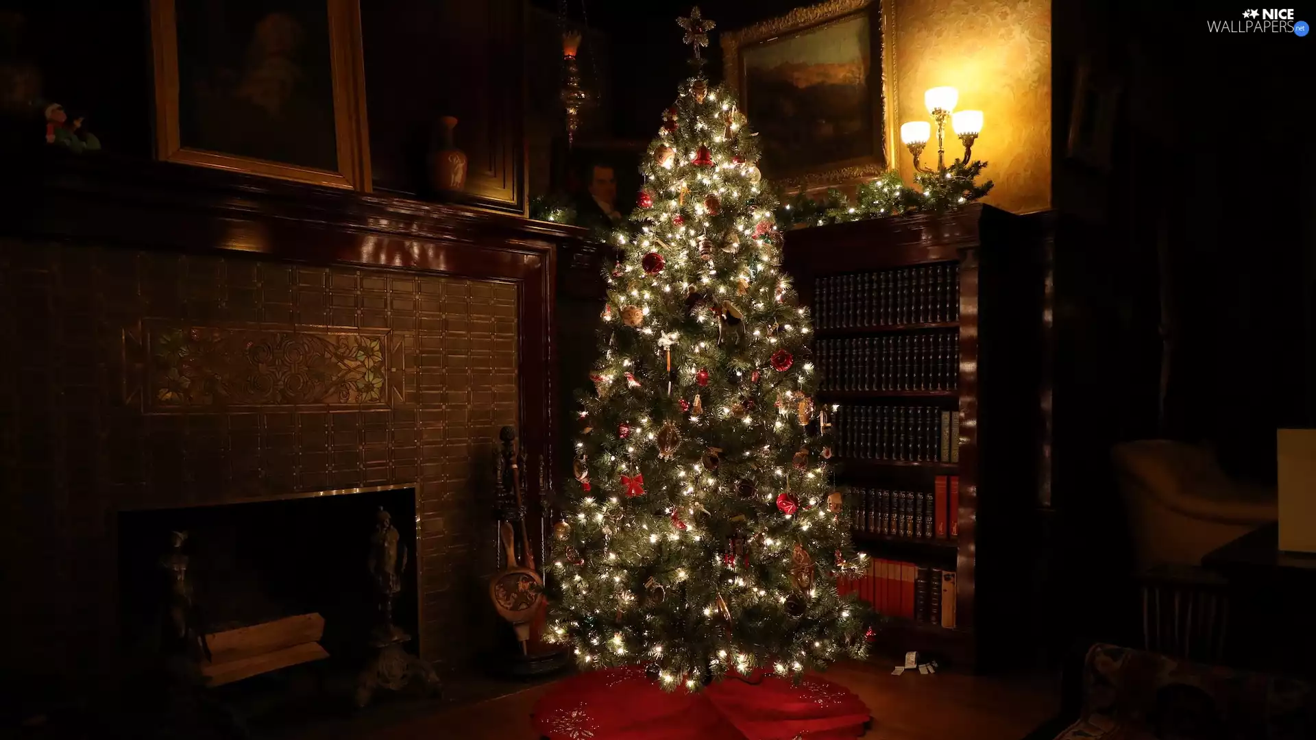 bookstand, Books, Christmas, Paintings, christmas tree, burner chimney, Room, Lamp