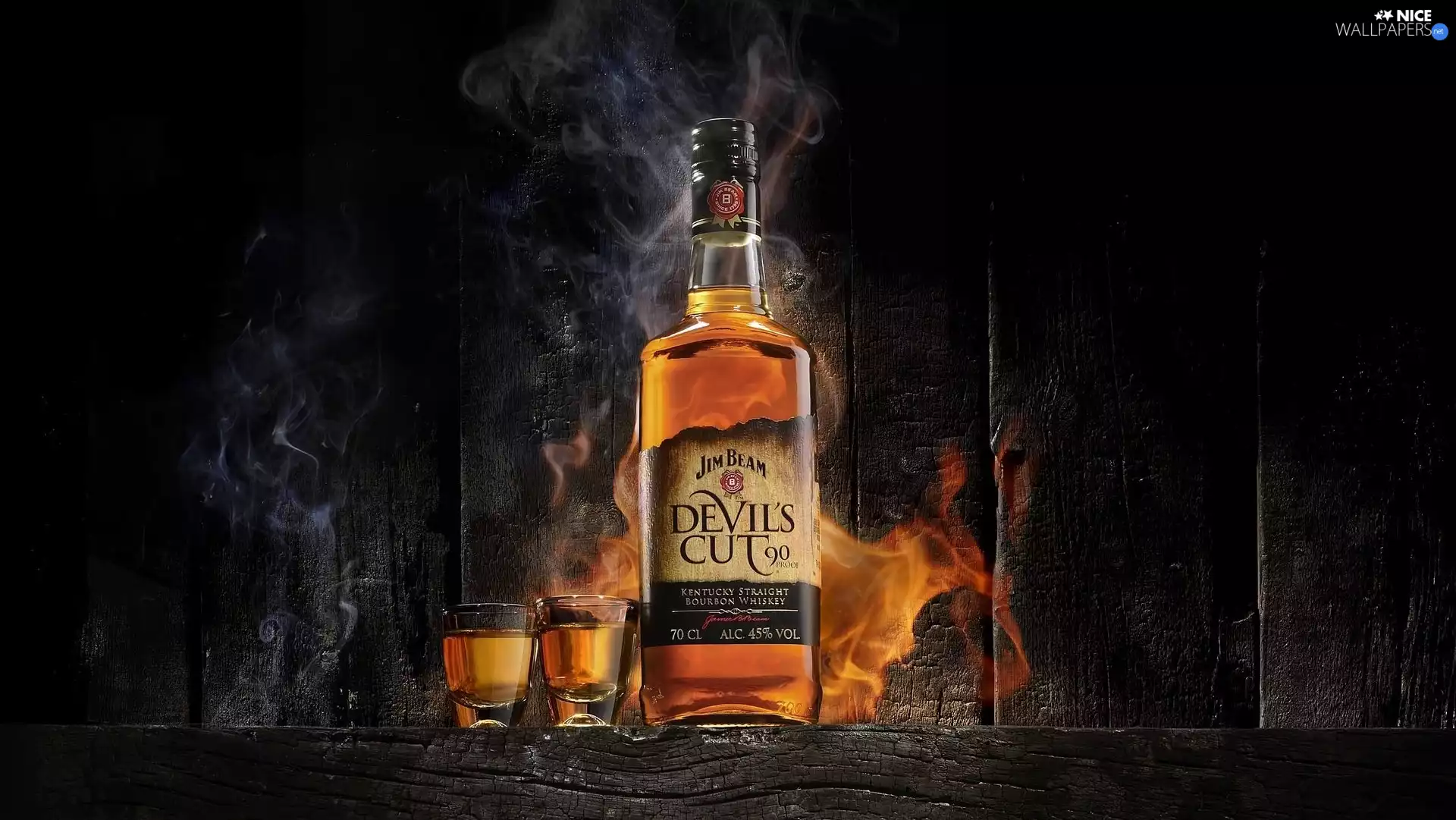 Jim Beam Bourbon Devils Cut 90, Bottle, boarding, smoke, glasses, Whisky
