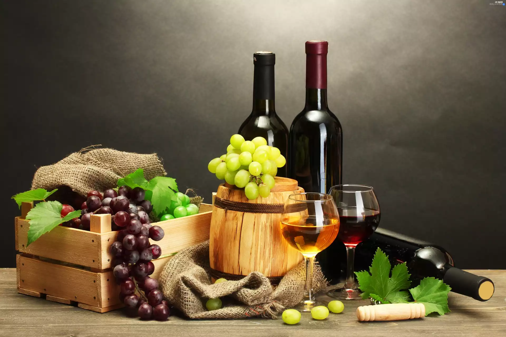 barrel, Wine, Grapes, Bottles