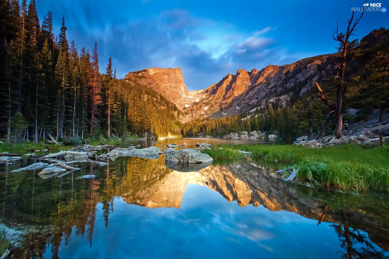 lake, sun, forest, Mountains, west, boulders, reflection