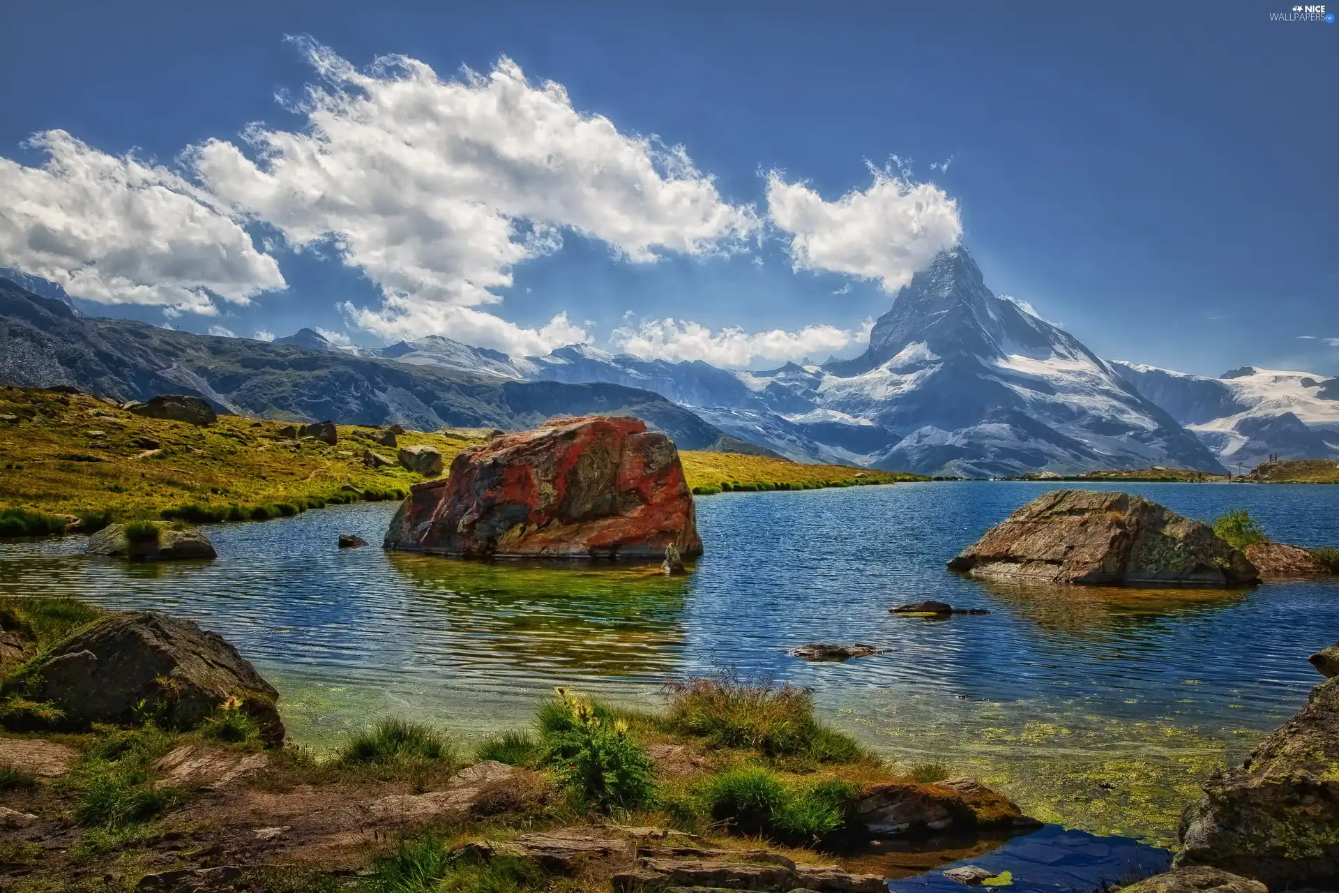 Matterhorn, Alps, boulders, VEGETATION, lake, mount