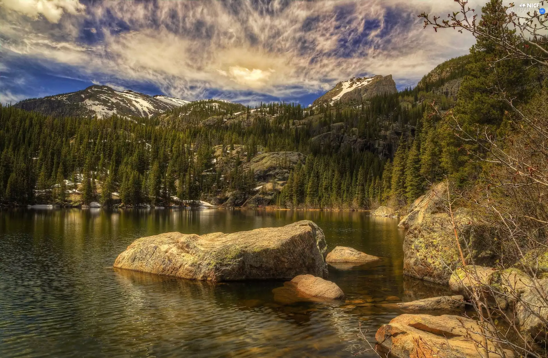 forest, Stones, viewes, boulders, lake, trees, Mountains