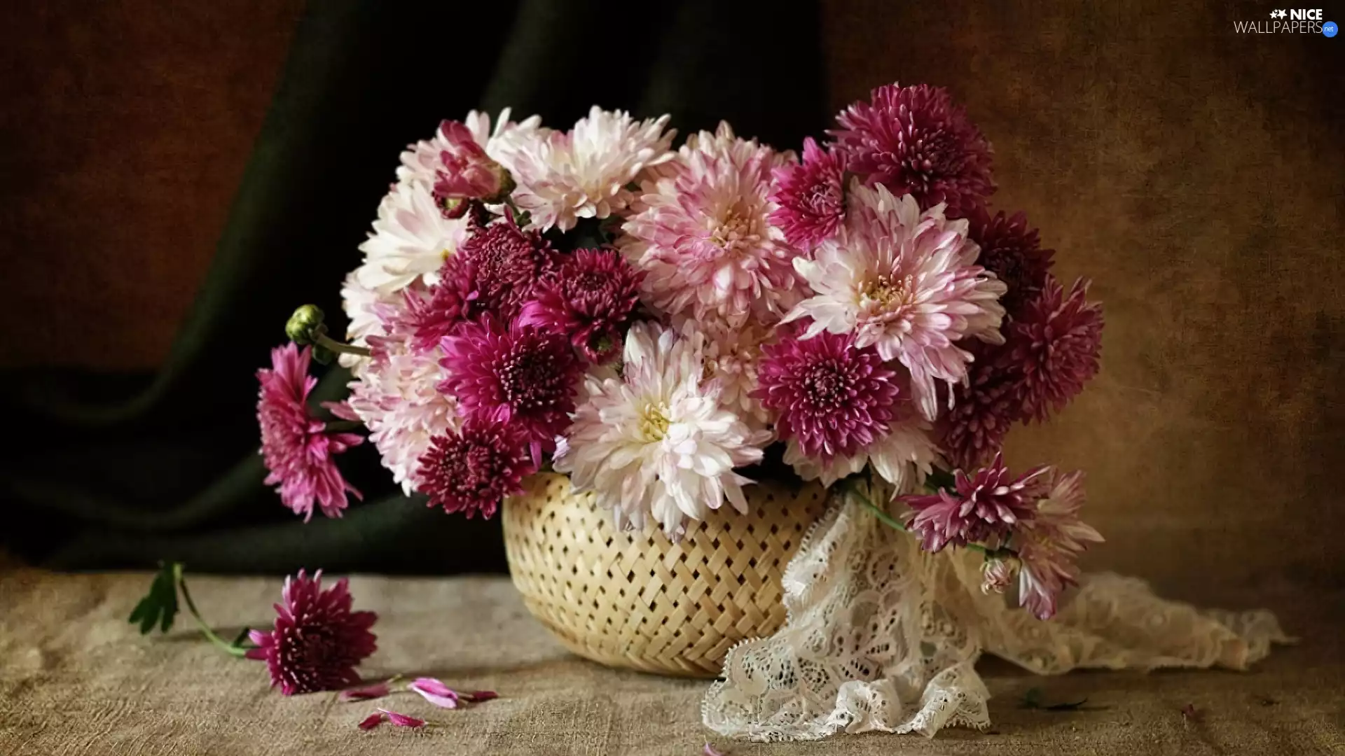 basket, chrysanthemums, shawl, bouquet