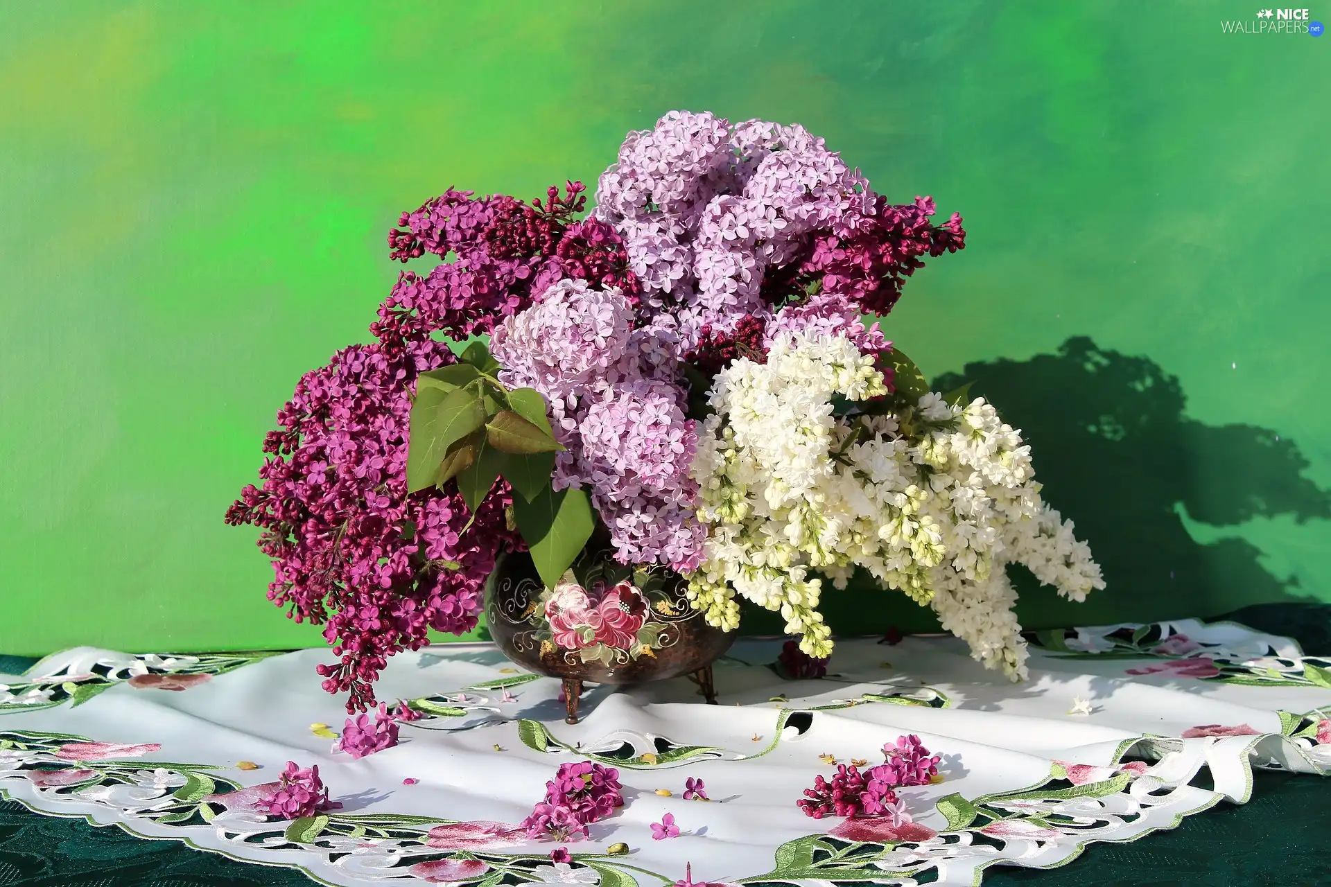White, without, cloth, Syringa, Vase, Violet, Flowers, bouquet