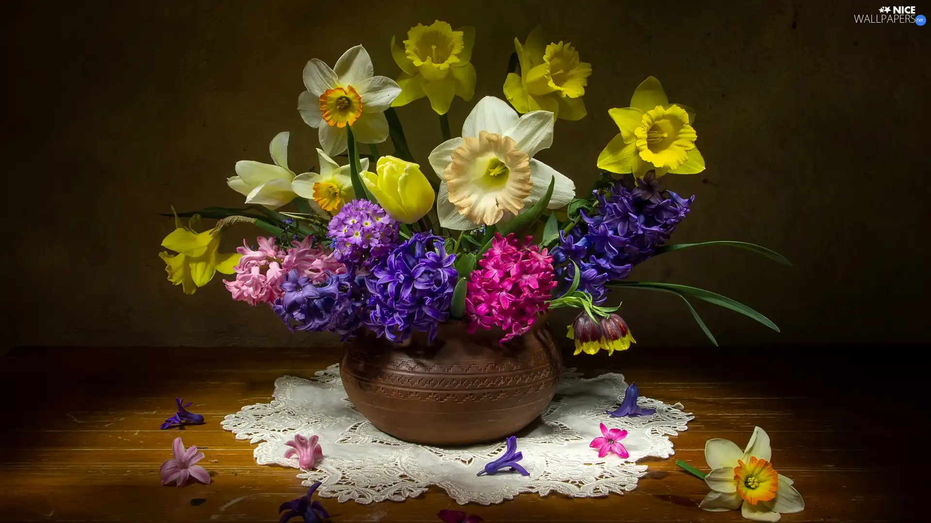 tulip, bouquet, Daffodils, Hyacinths, Vase