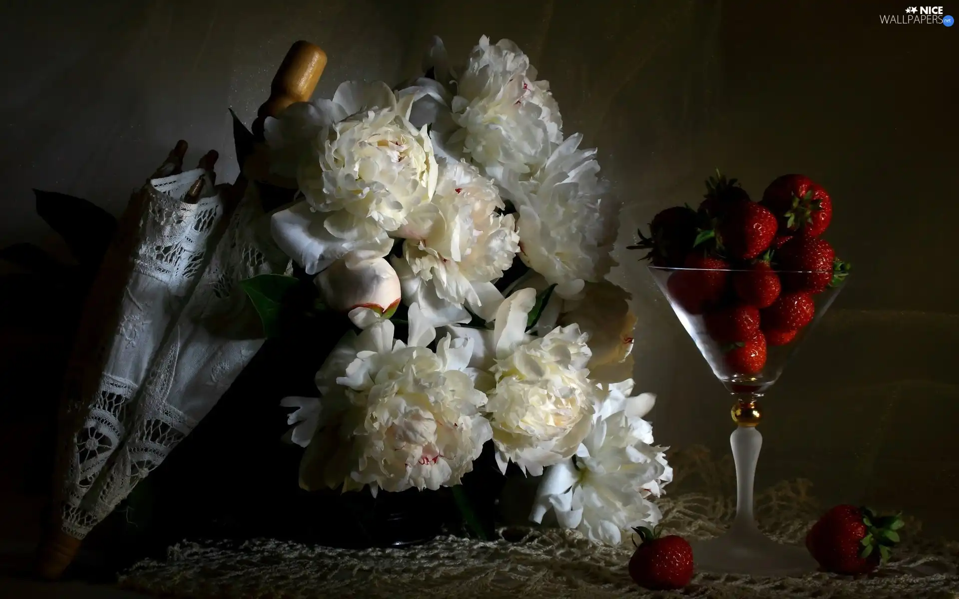 cup, composition, bouquet, Peonies, strawberries, umbrella