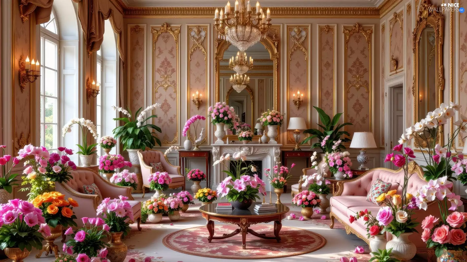 Bouquets, saloon, color, Flowers, girandole, sconces, Table, seats, sofa