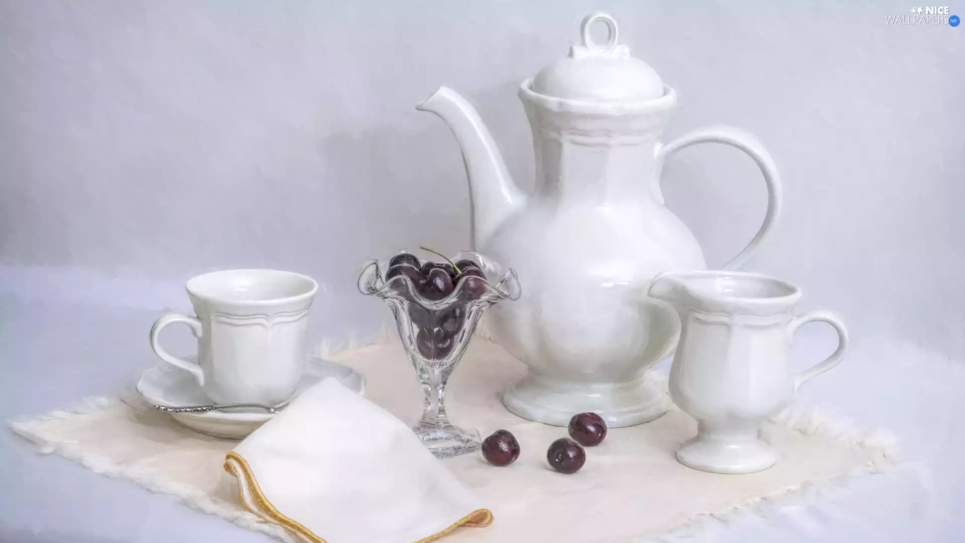 cup, jug, graphics, glass, cherries, jug, porcelain, Bowl