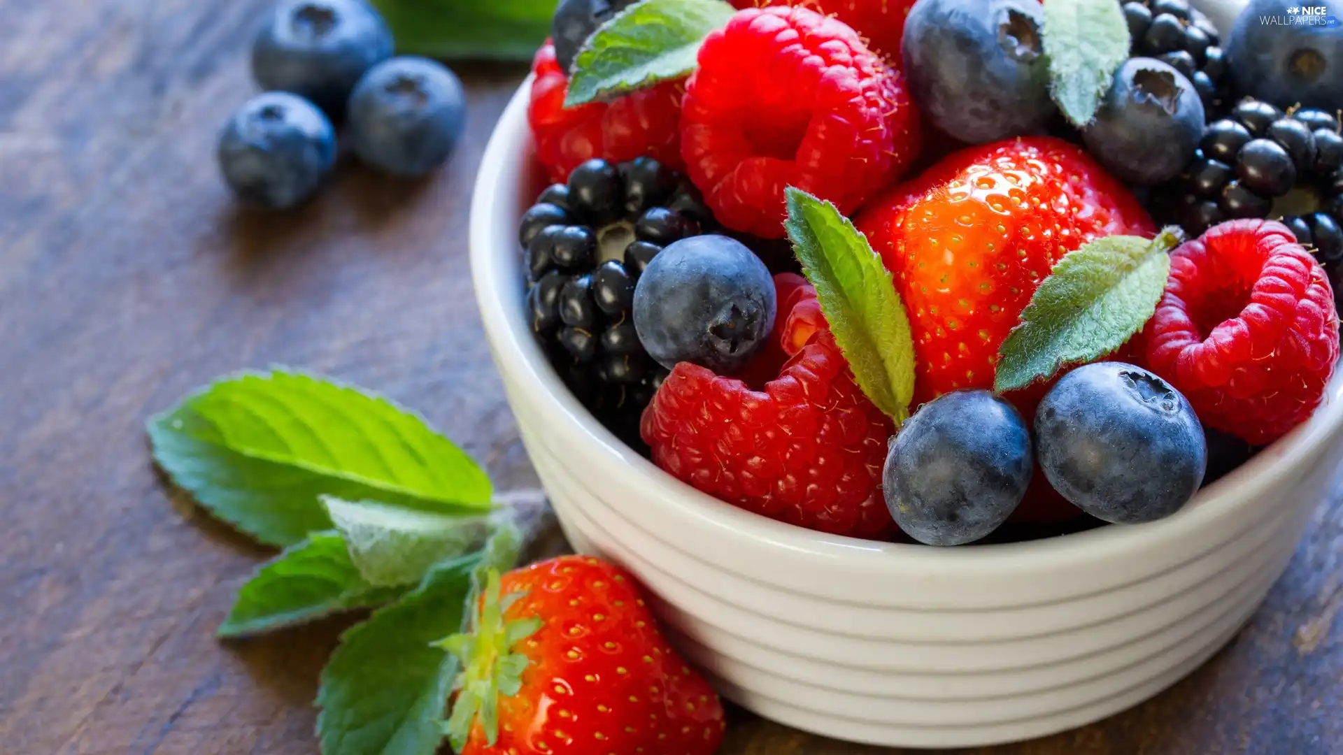 raspberries, Fruits, blueberries, bowl, blackberries, strawberries