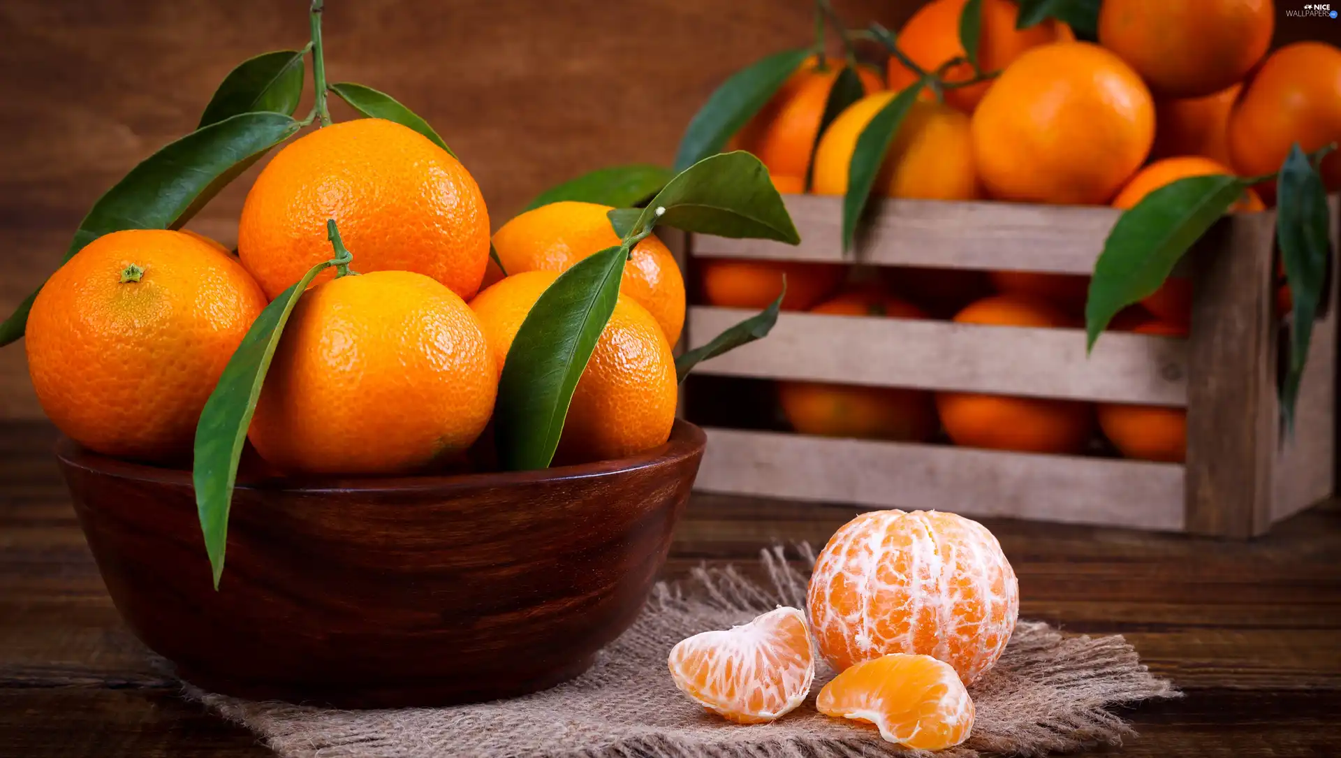 mandarin, bowl, box, leaves