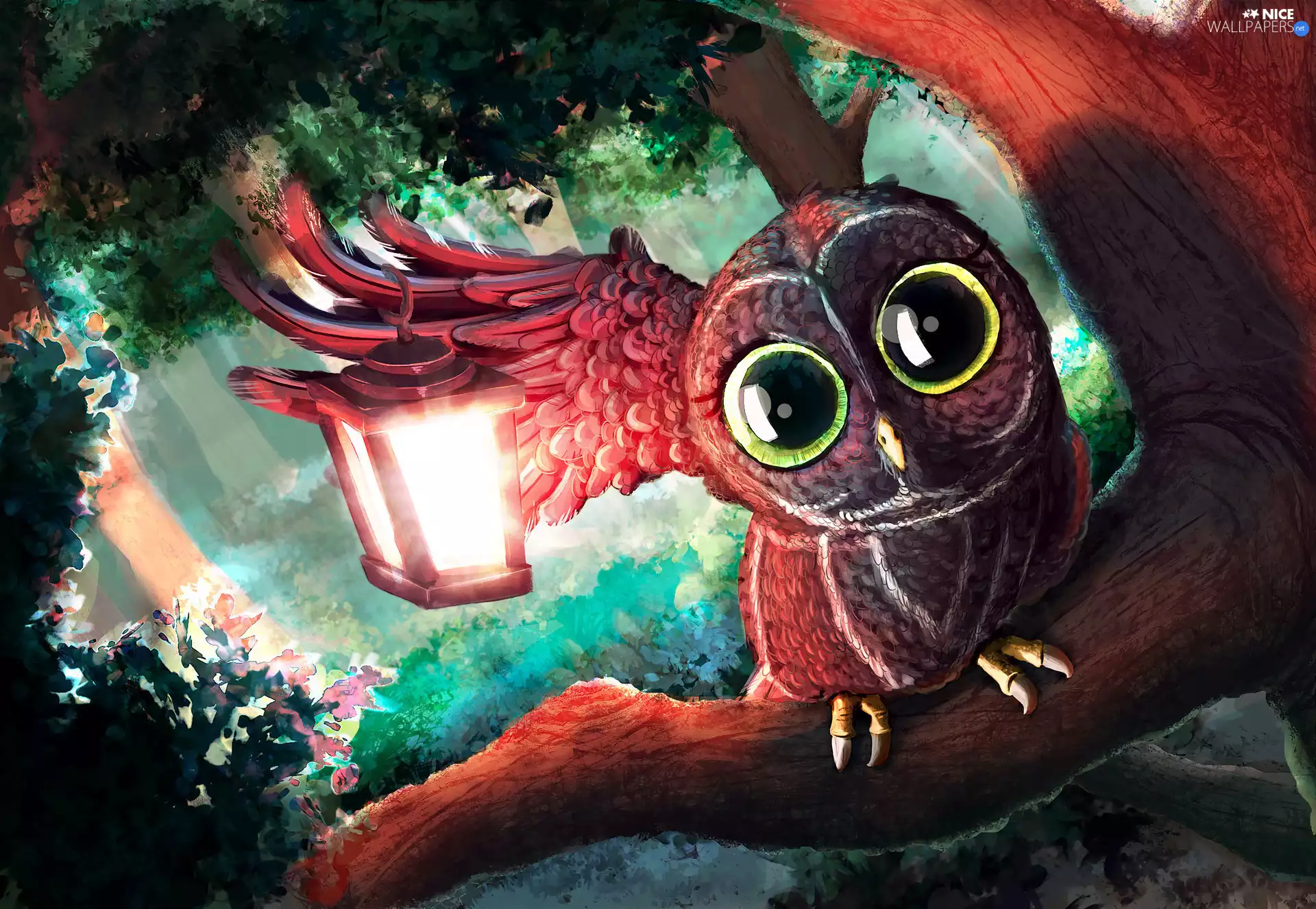 owl, lantern, Paintography, branch
